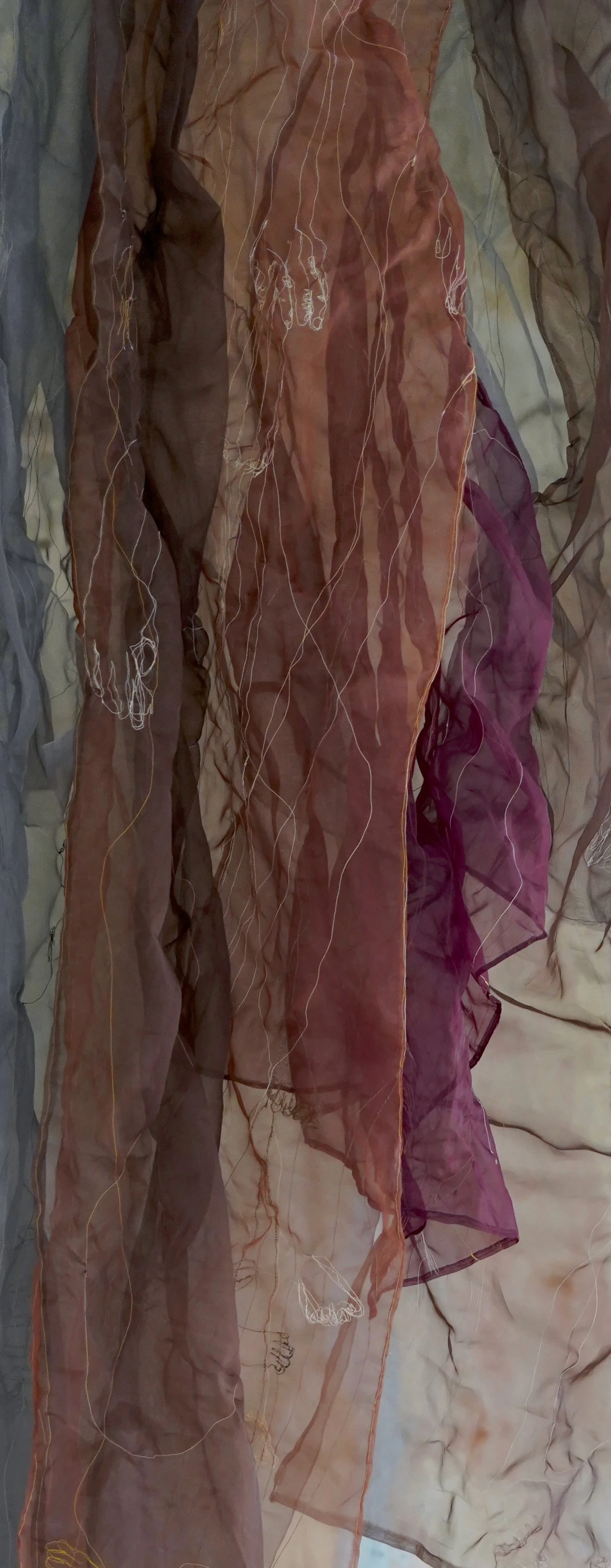 Title: Tremors (Detail) Year: 2025 Medium: Sewing on Nobang fabric (traditional Korean silk) Dimensions: 140 x 85”