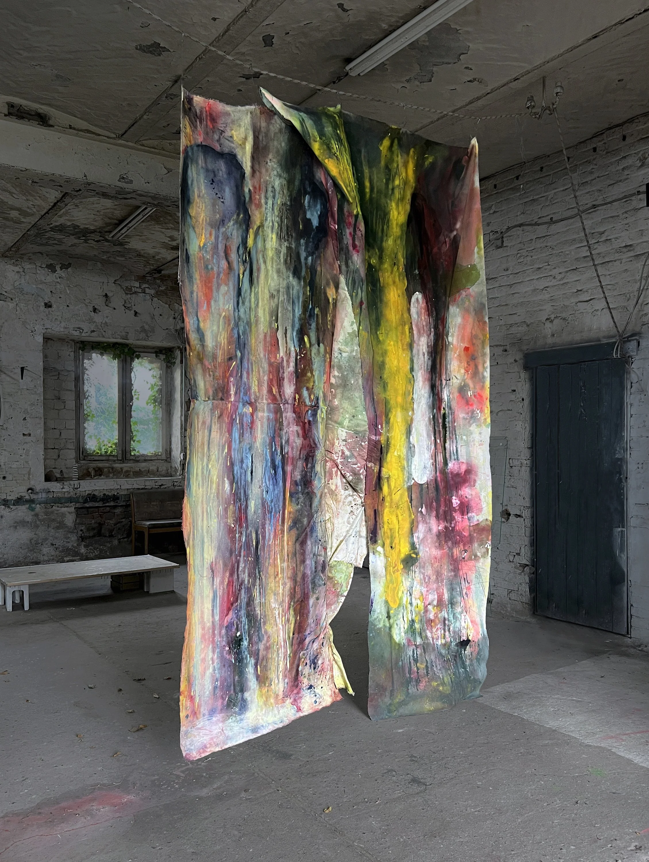 Title: Present Year: 2025 Medium: Acrylic and graphite on sewn canvas Dimensions: 140 x 85”