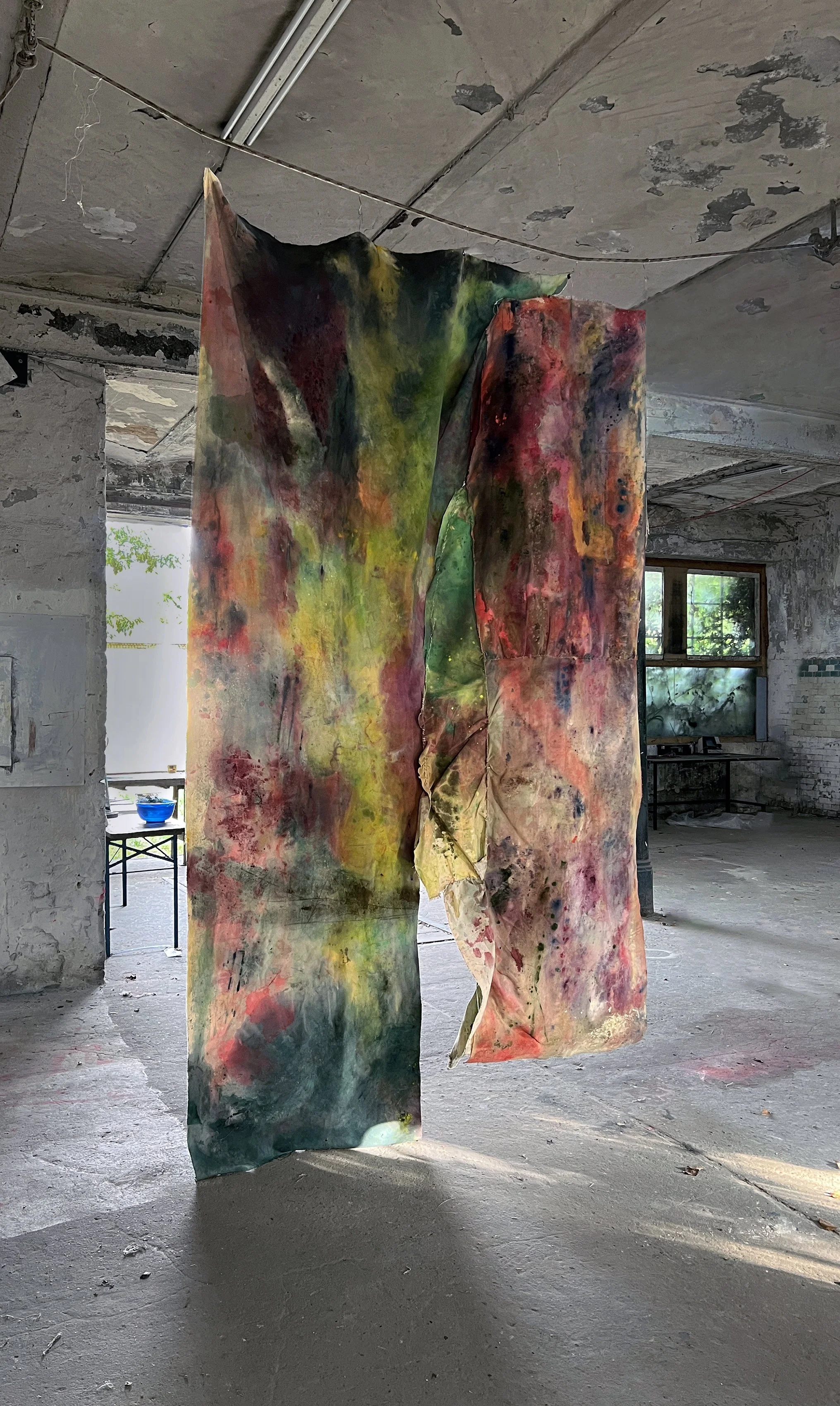 Title: Present Year: 2025 Medium: Acrylic and graphite on sewn canvas Dimensions: 140 x 85”