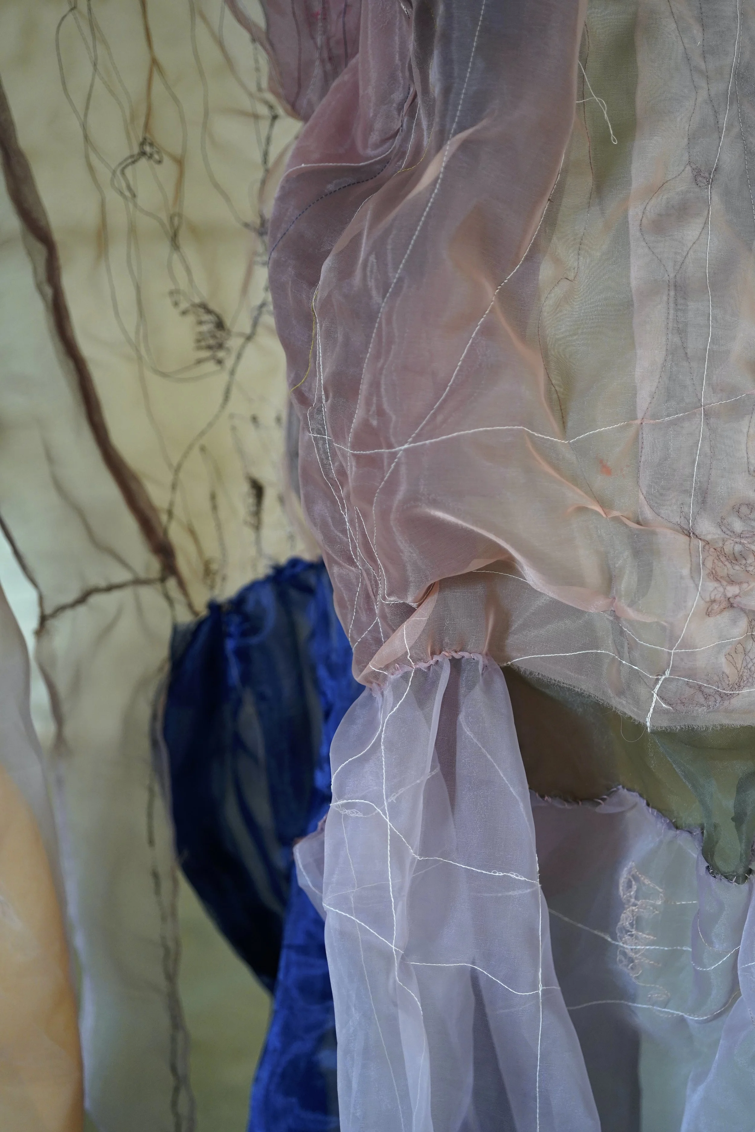  Title:  Tremors (Detail)   Year: 2025  Medium: Sewing on Nobang fabric (traditional Korean silk)  Dimensions: 140 x 85” 