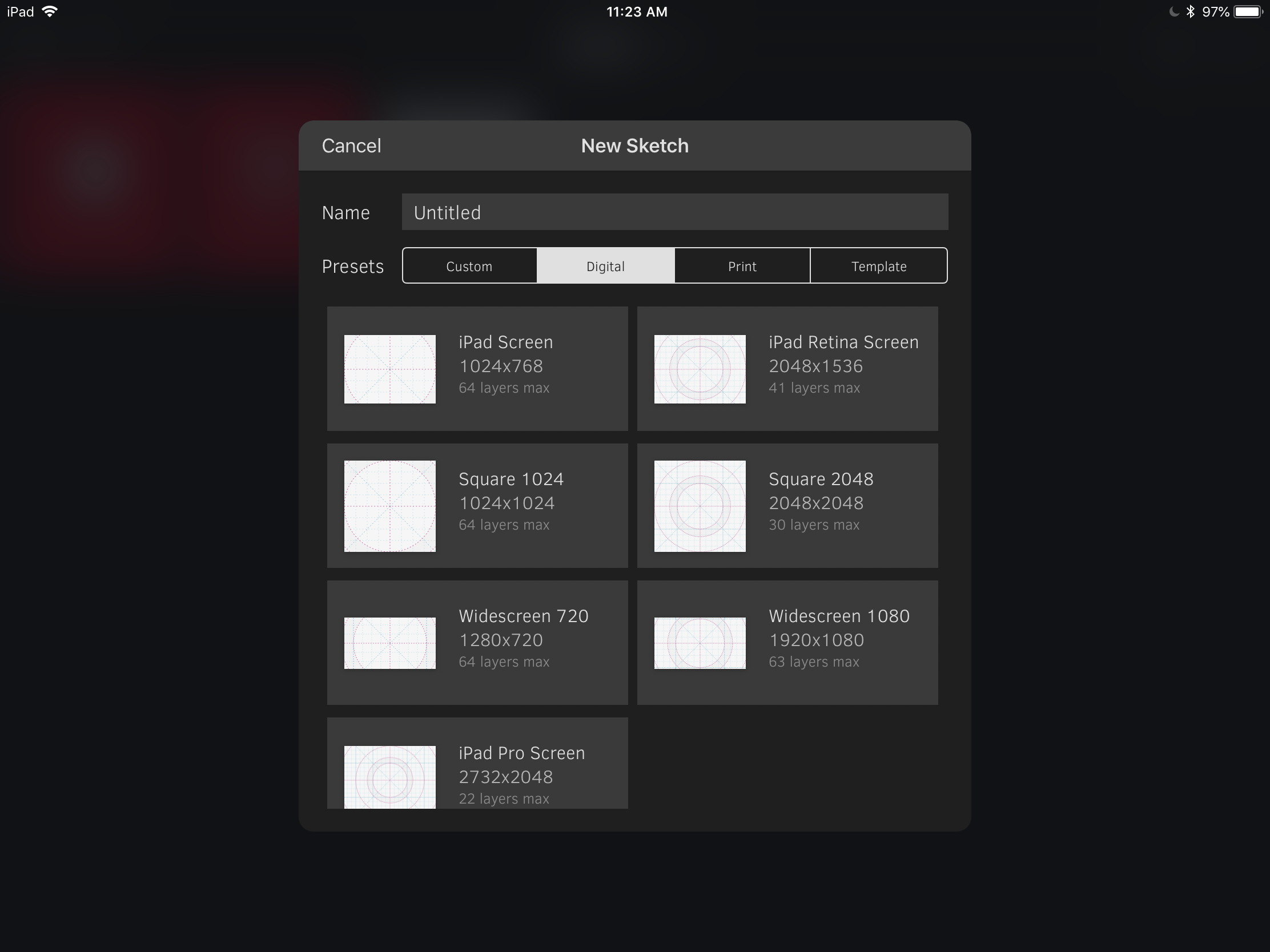 Procreate offers professional level file settings so you can do print resolution work easily
