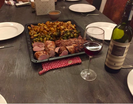 Home cooked meal at our hytte in Norway: pork tenderloin with roasted potatoes and brussel sprouts, accompanied by a nice Nebbiolo