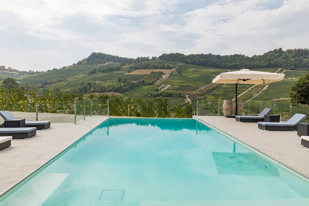 The pool overlooking the Barolo vineyards.