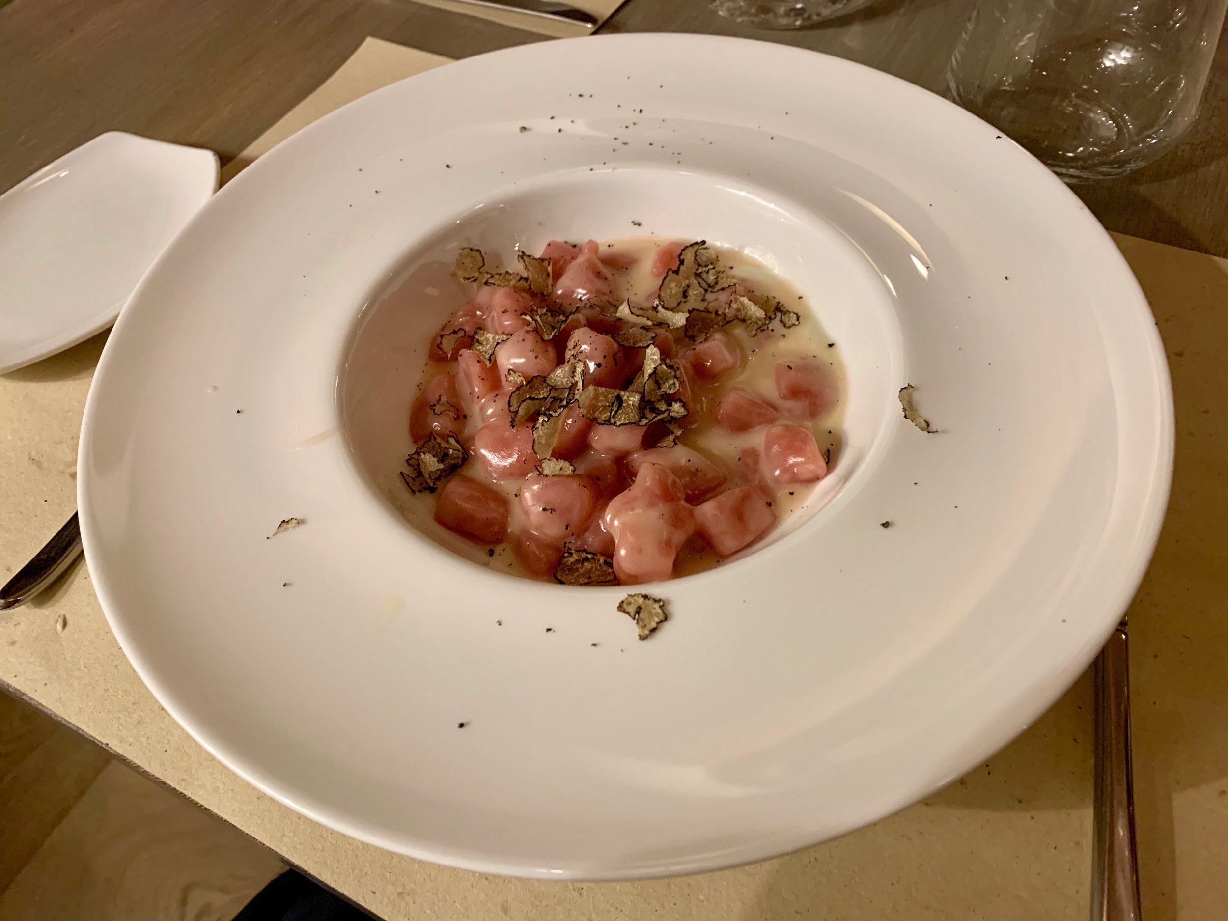 Beet gnocchi with gorgonzola and truffles at Ristorante Daria
