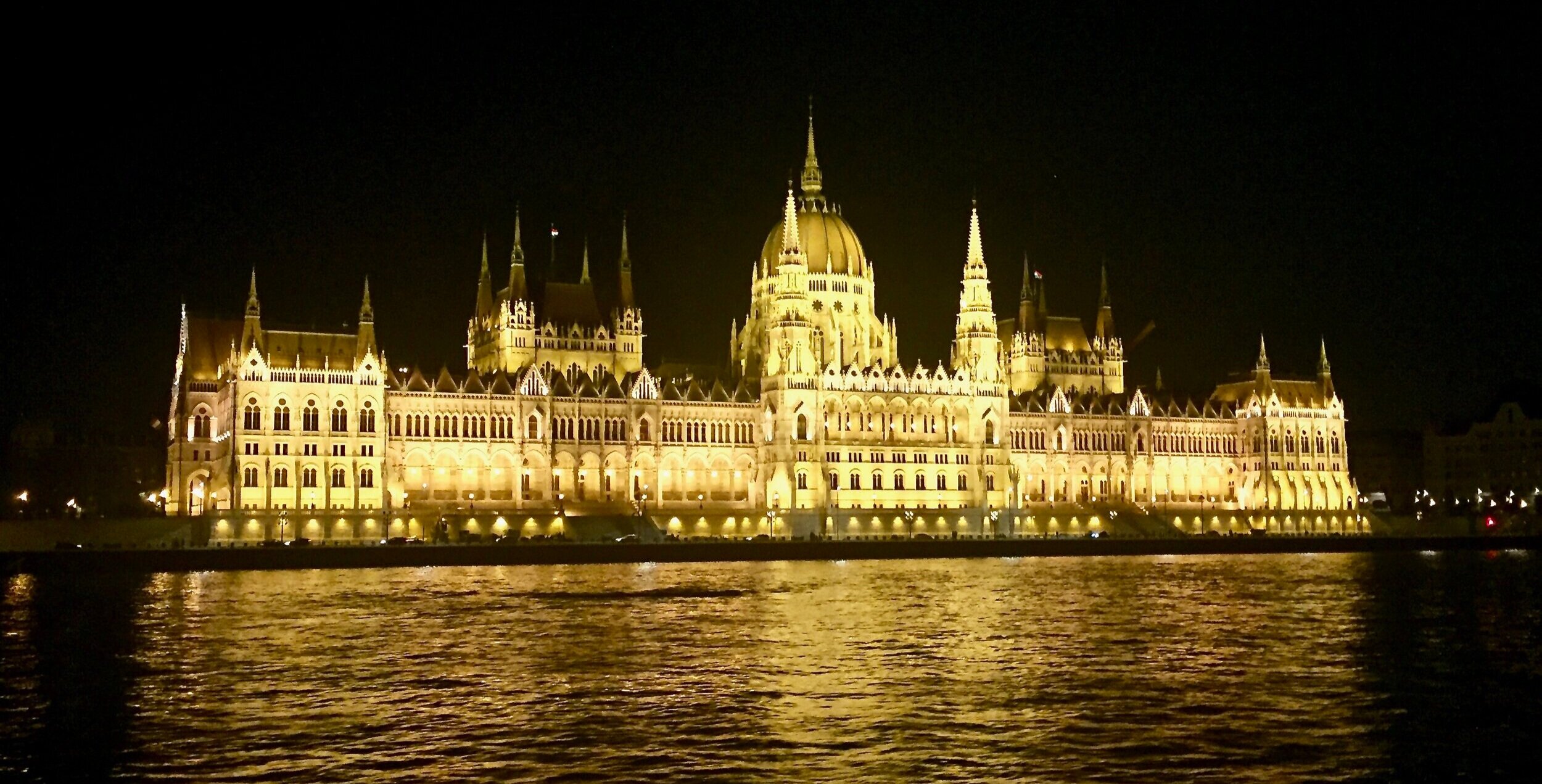 The Hungarian Parliament during a night cruise on the Danube in Budapest