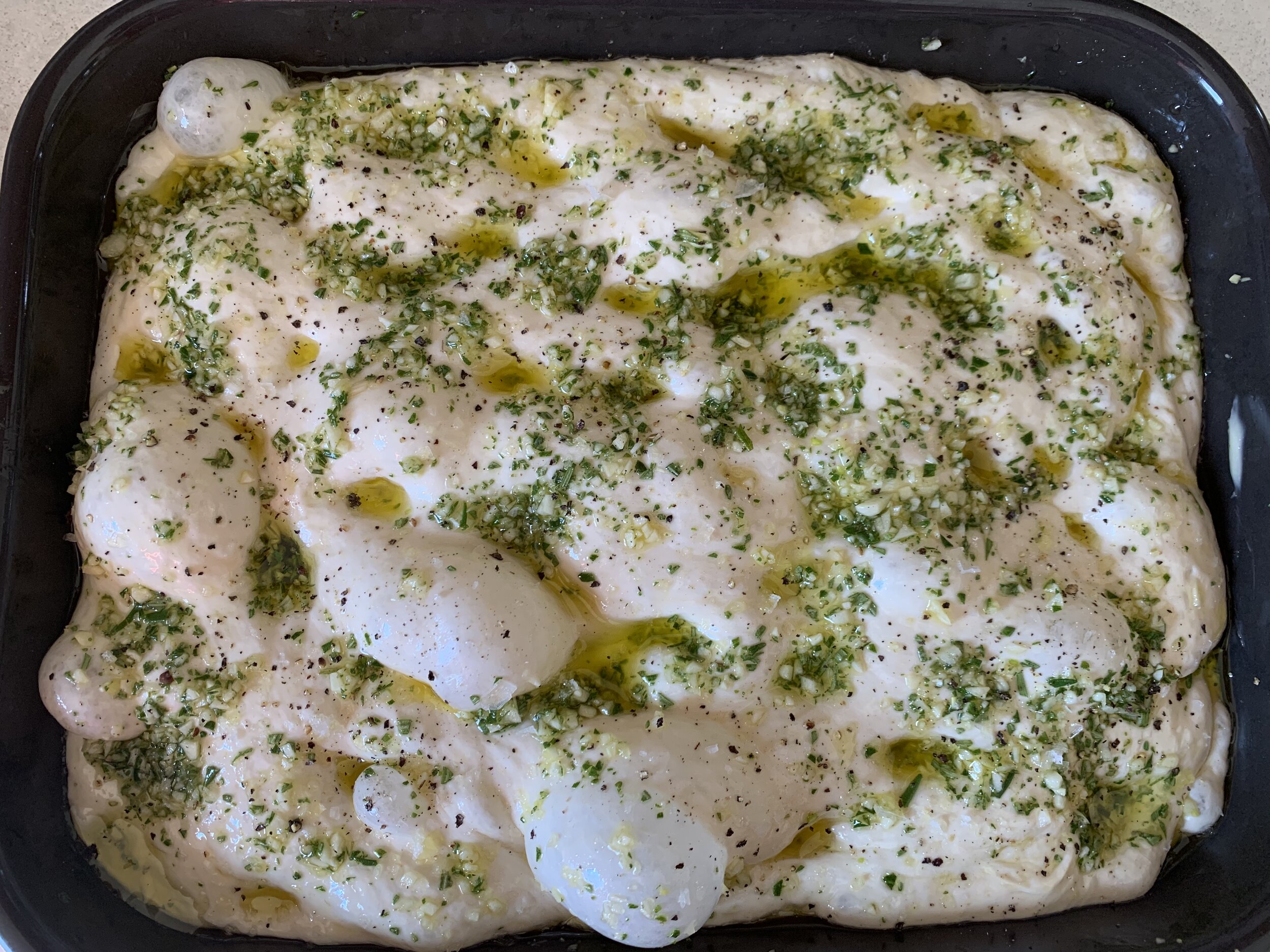 Focaccia ready for the oven