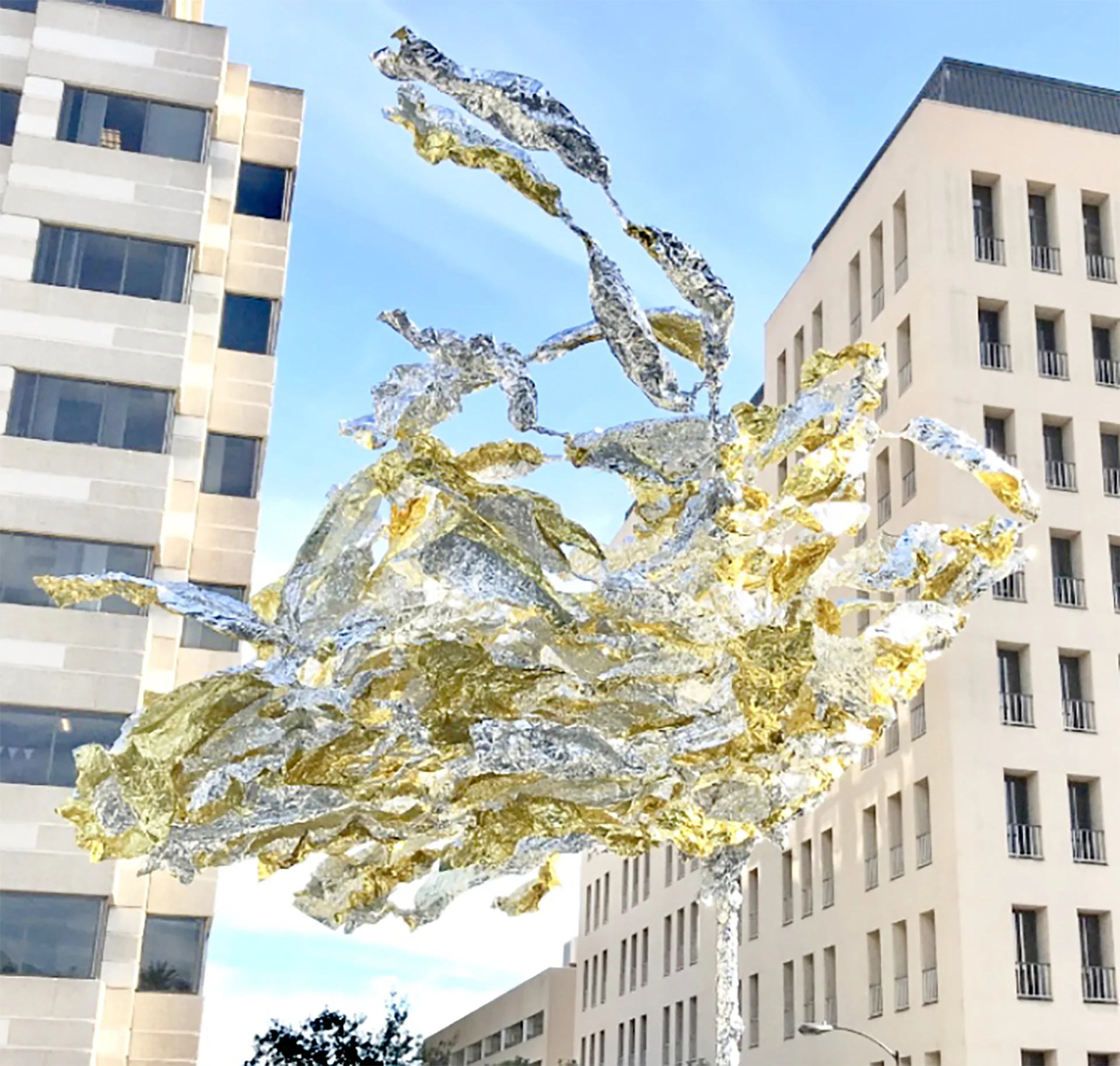 Sunchimes, 2018, (roof-top view) Aluminum, chrome tape, gift foil.