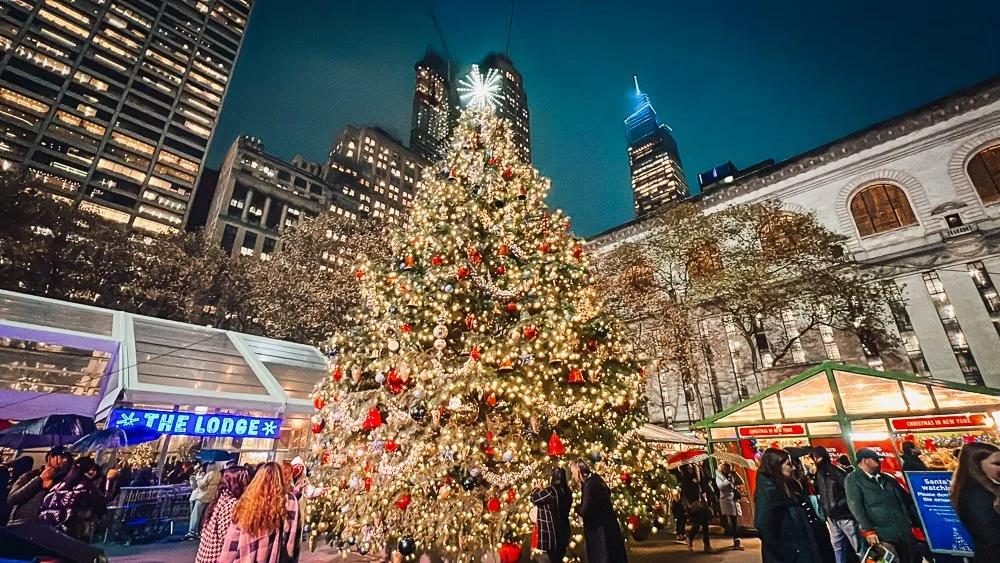 Christmas tree at Bryant Park winter Village in NYC