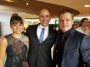 Clay with Matt Damon and wife Luciana Barroso at the French premiere of Jason Bourne, 2016.