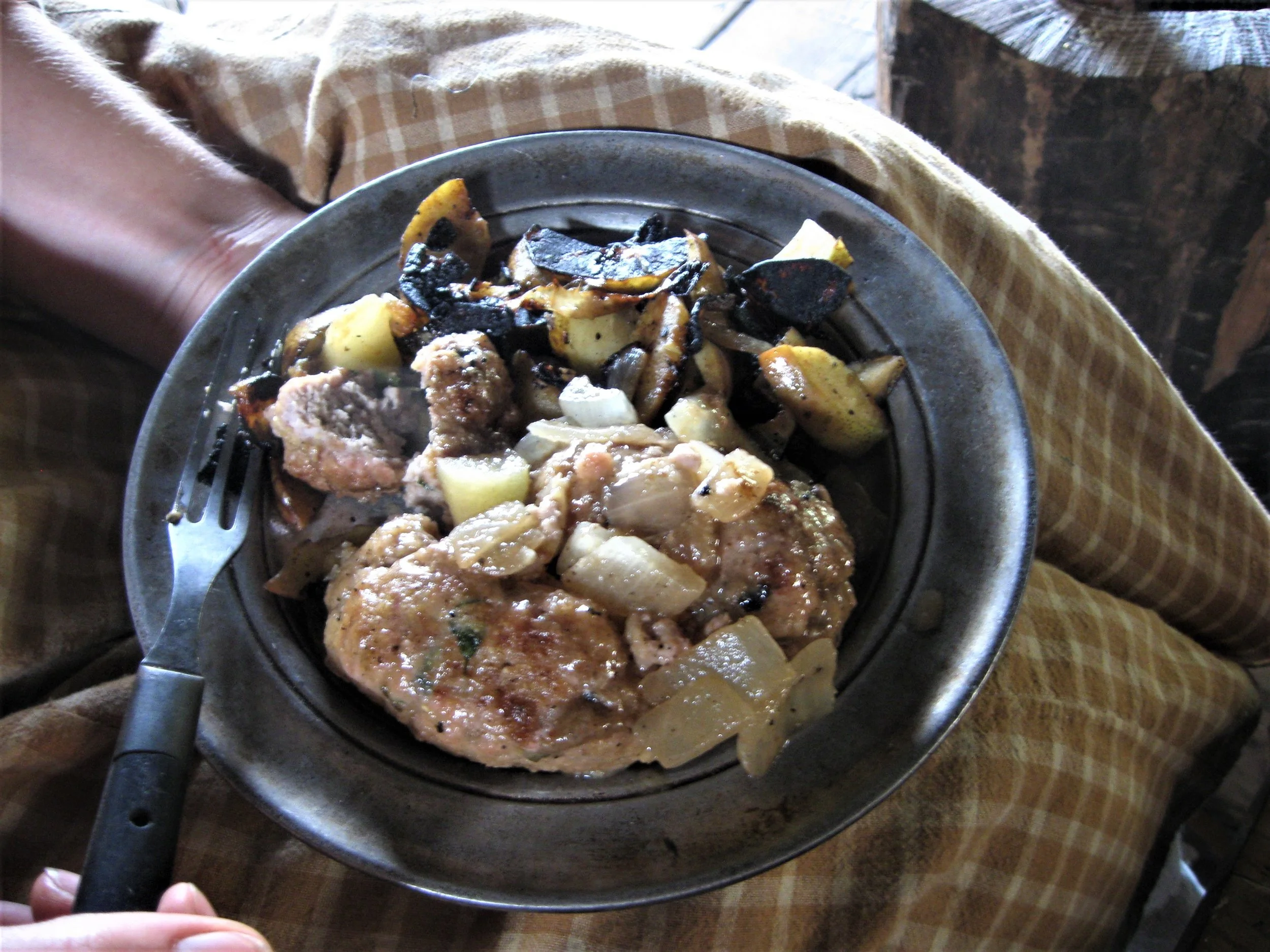 63 Sunday dinner pork sausages with lovage and fried onions and apples.jpg