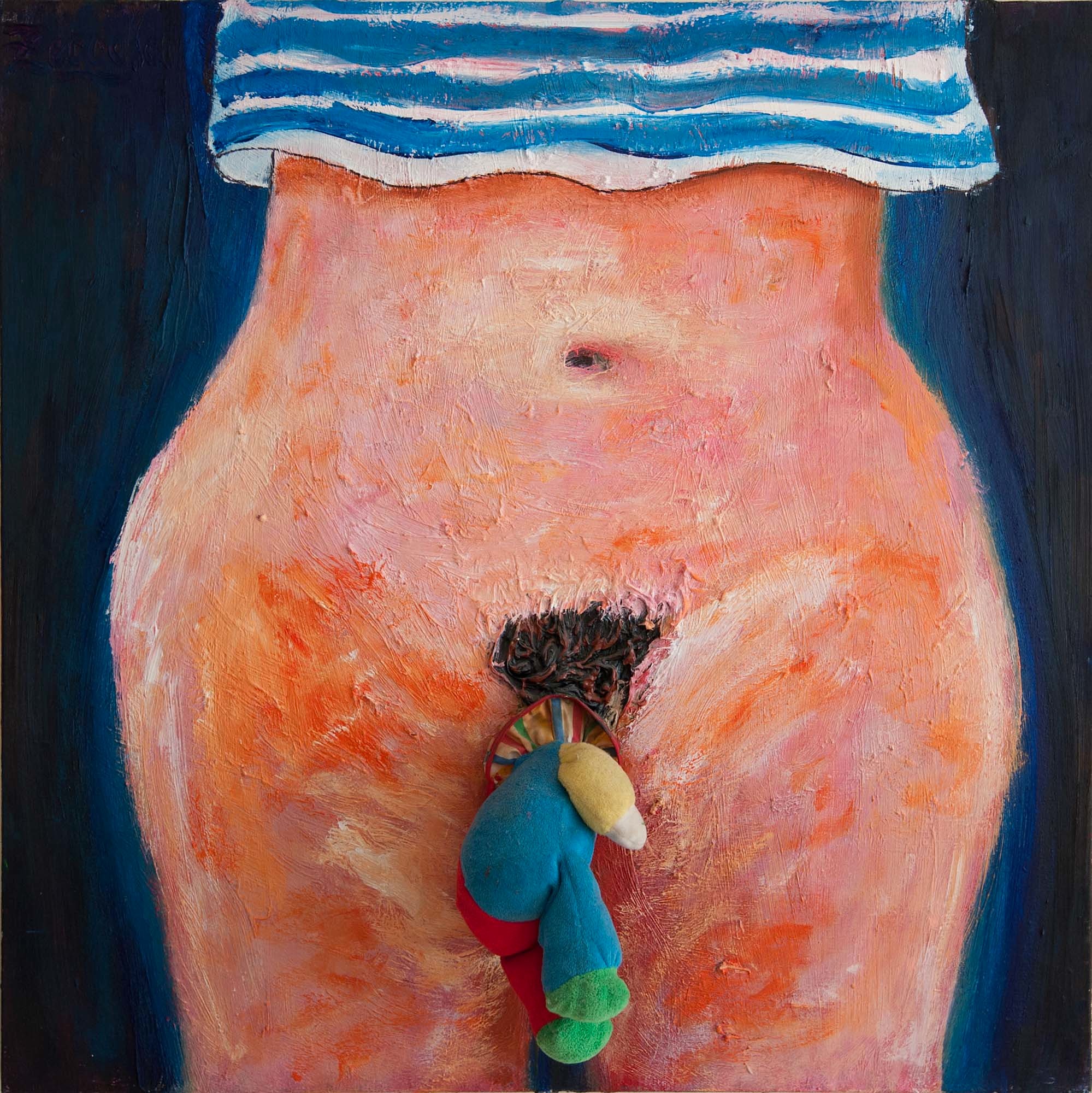 Heads or Tails, 2013. Oil, acrylic, doll on canvas. 30" x 30".