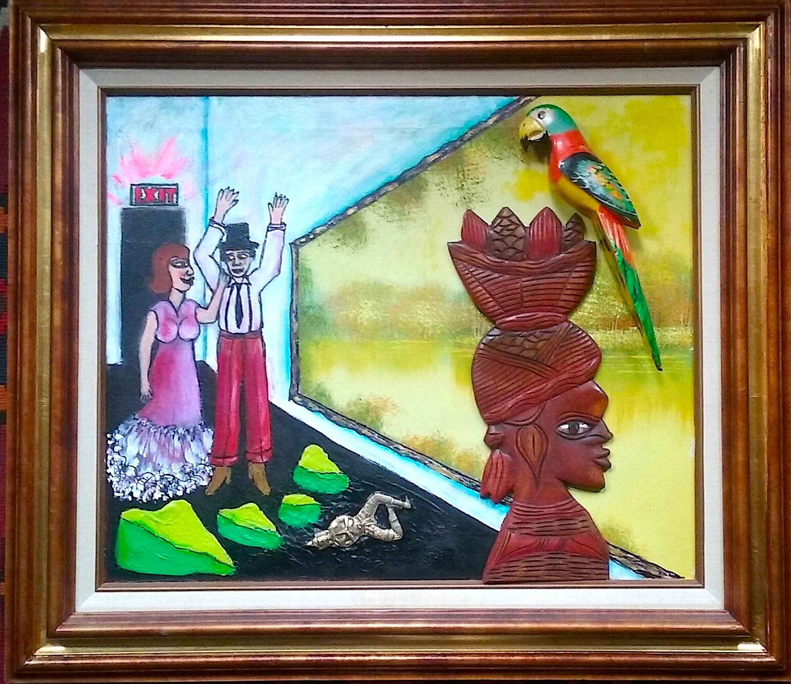 A Night at the Museum, 2005. Oil, acrylic, wood, metal on canvas. 28" x 32".