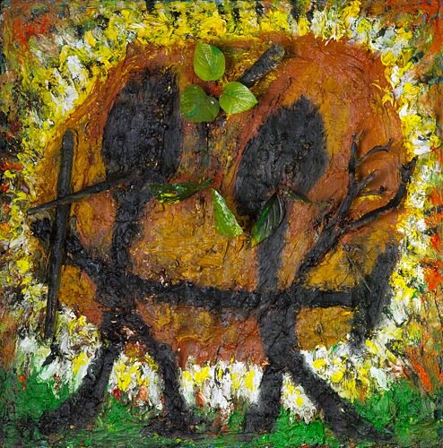 African Sun, 2005. Oil, acrylic, wood, faux leaves on canvas. 32” x 32”.