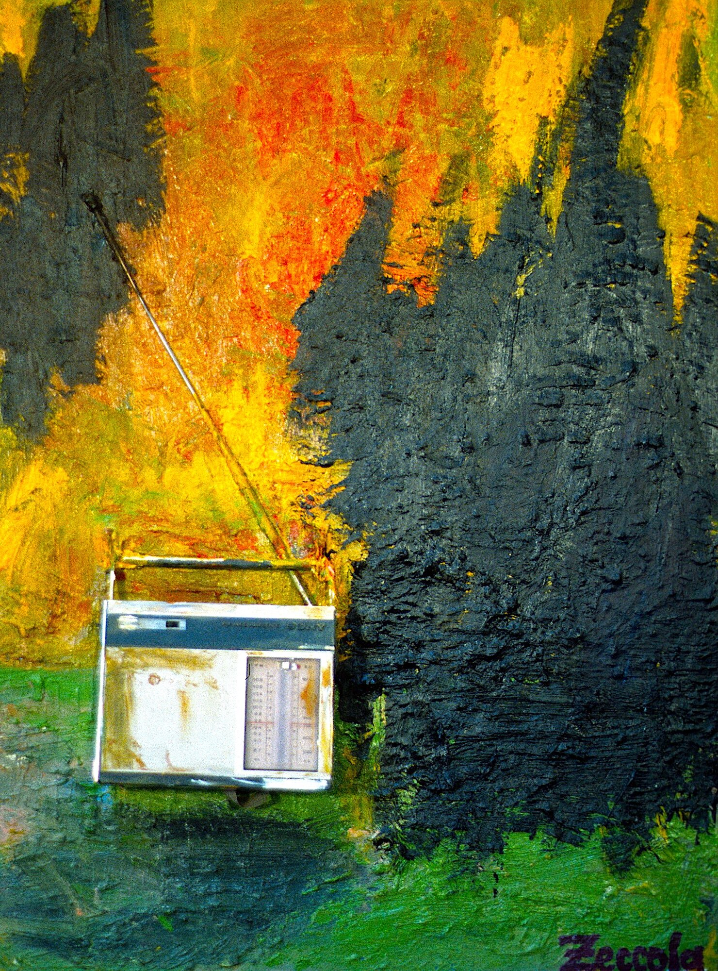 Still Music, 2004. Oil, acrylic, radio on canvas. 30” x 22”.