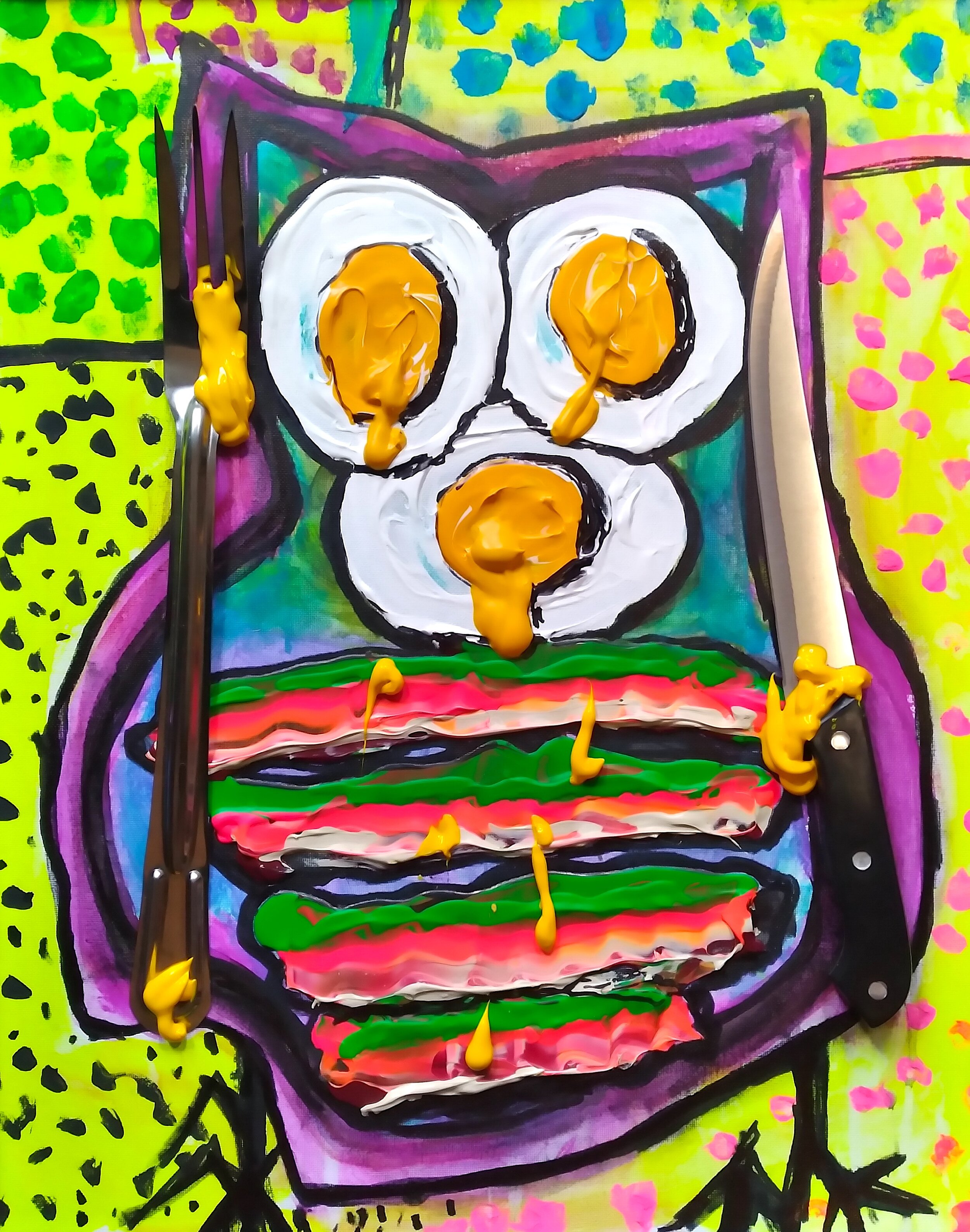 Night Owl (Bacon and Eggs) 2020. Oil, acrylic, fork, knife on canvas. 20" x 16".