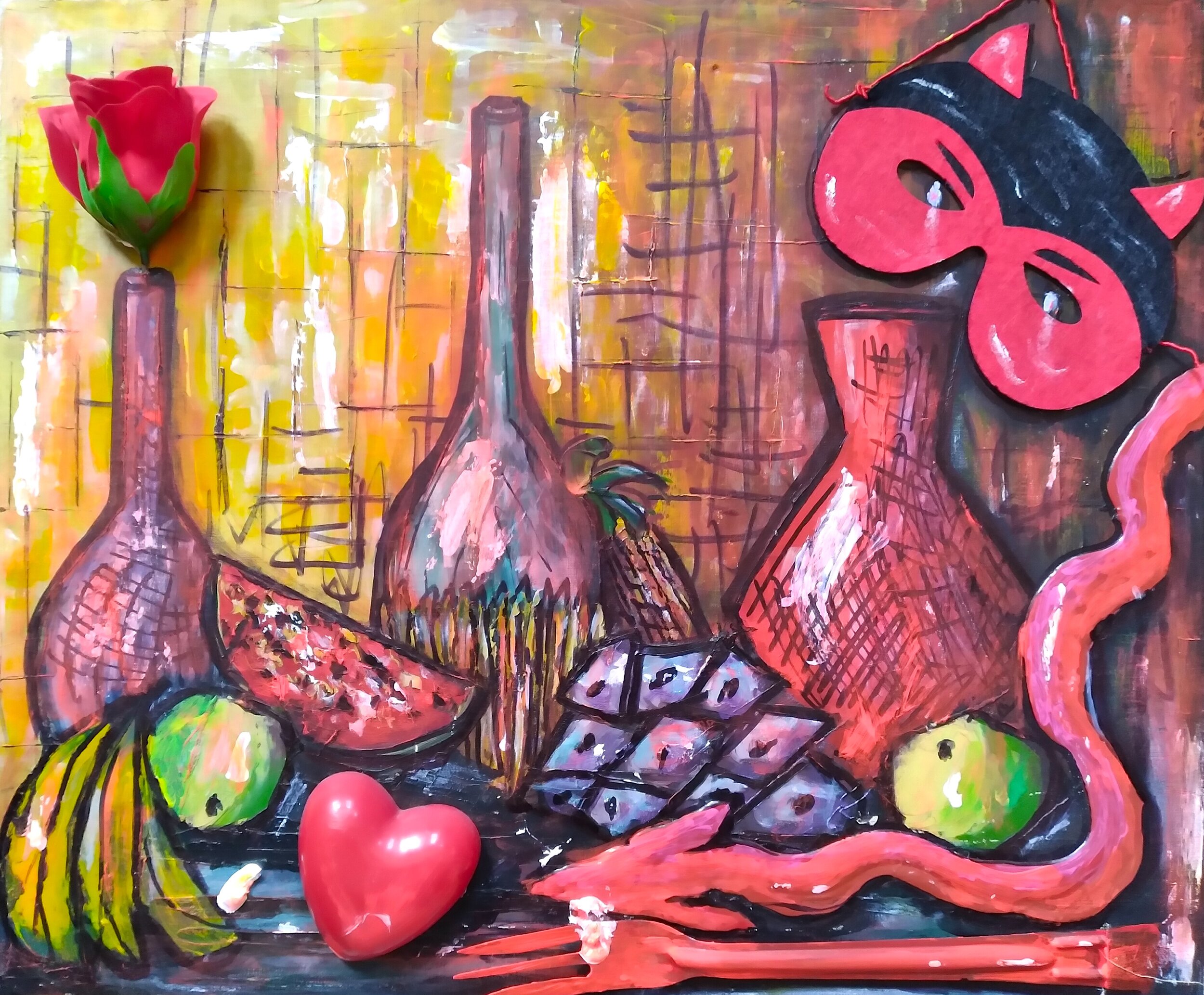 Devil Life, 2020. Oil, acrylic, faux flower, heart, mask on canvas. 20' x 24".