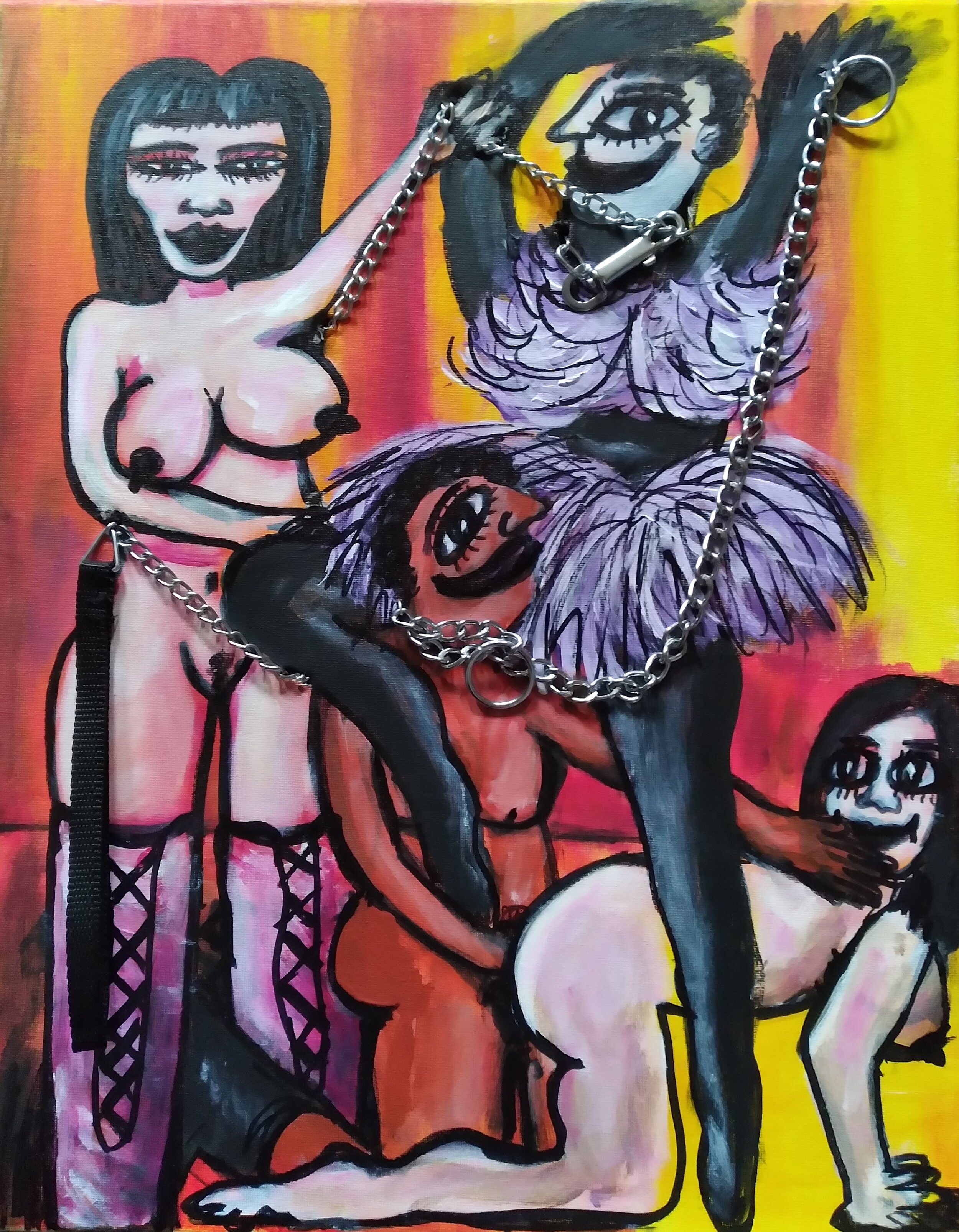 Back on the Chain Gang, 2020. Oil, acrylic, chain leash on canvas. 20” x 16”.