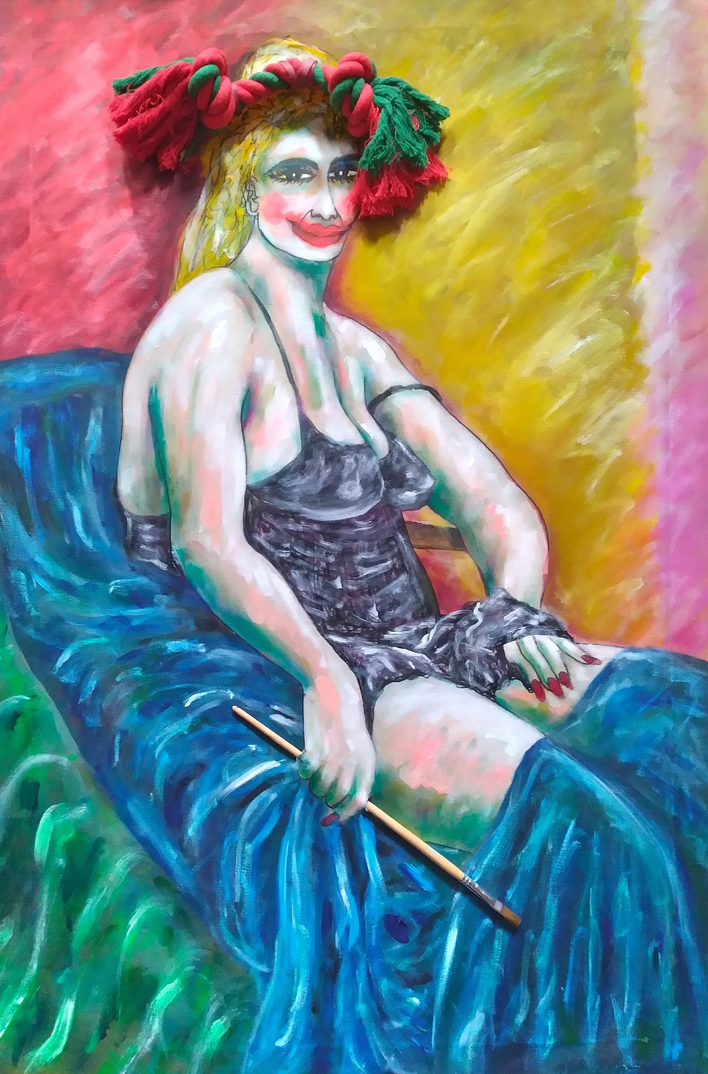 The Joker, 2020. Oil, acrylic, brush, rope on canvas. 36" x 24".