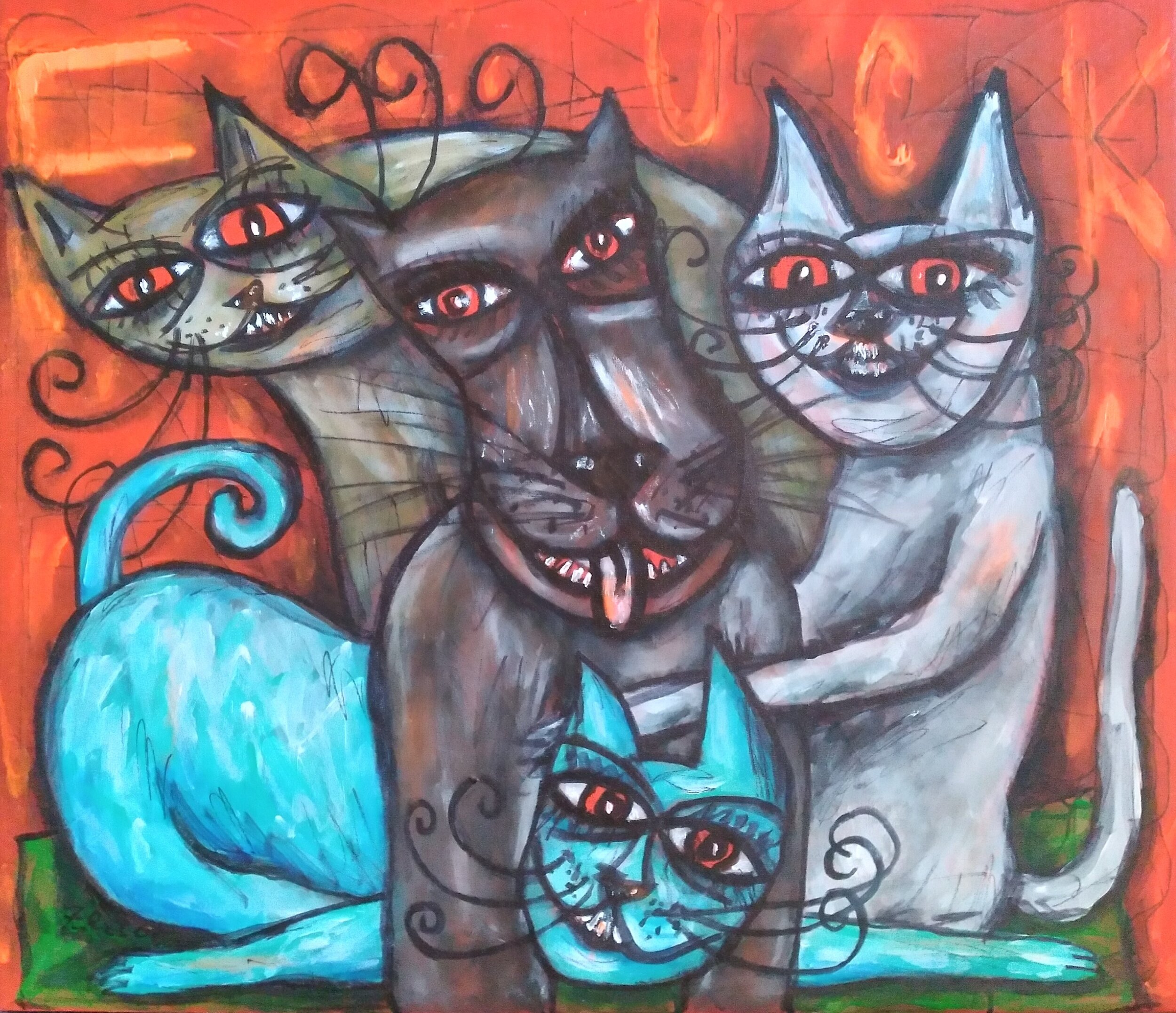 Cats and Dogs, 2020. Oil, acrylic, ink on canvas. 22" x 26".
