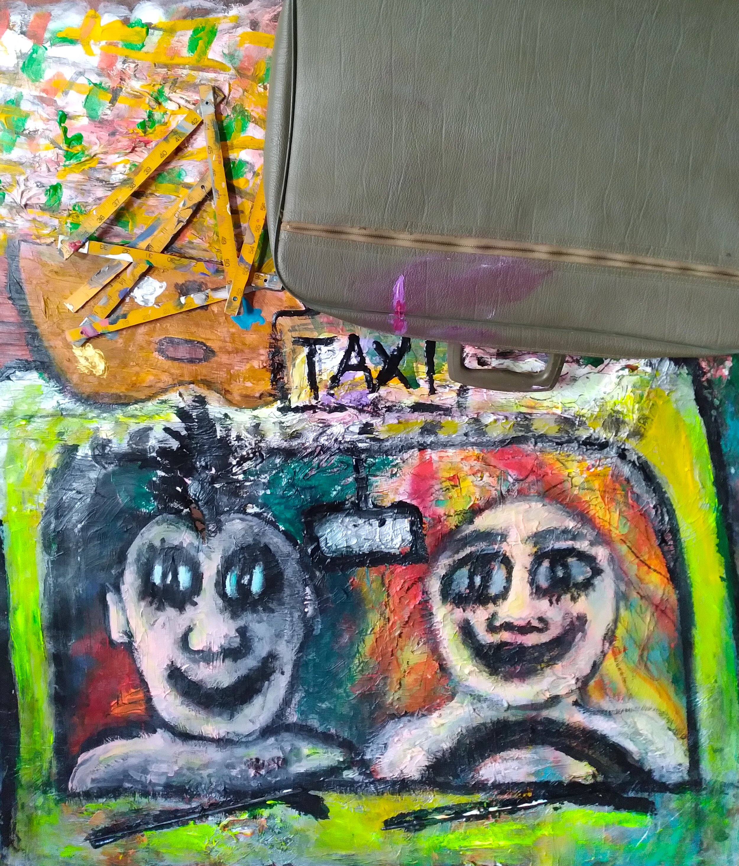 Travis and Iris, 2017. Oil, acrylic, ruler, suitcase on canvas. 42" x 36".
