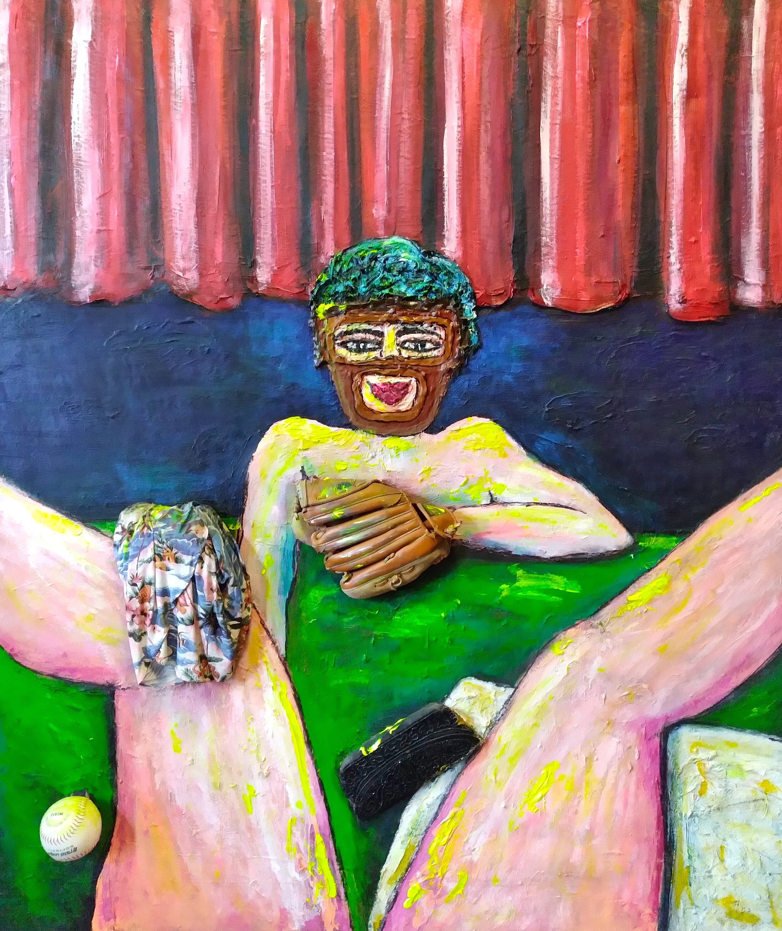 Third Base, 2015. Oil, acrylic, glove, ball on canvas. 62" x 52".