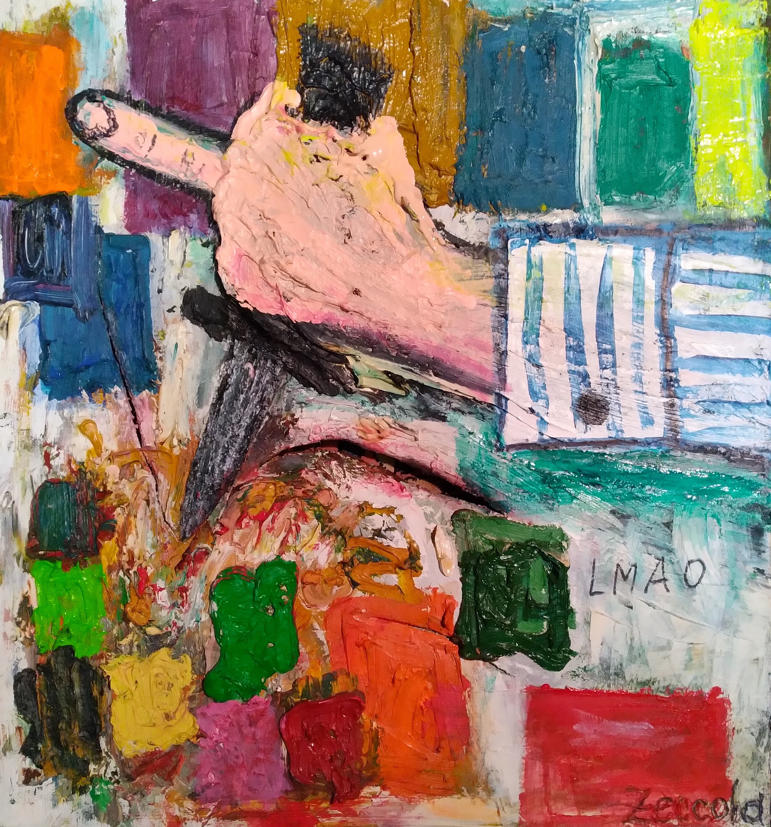 LMAO, 2010. Oil, acrylic, knife on canvas. 38” x 36”.