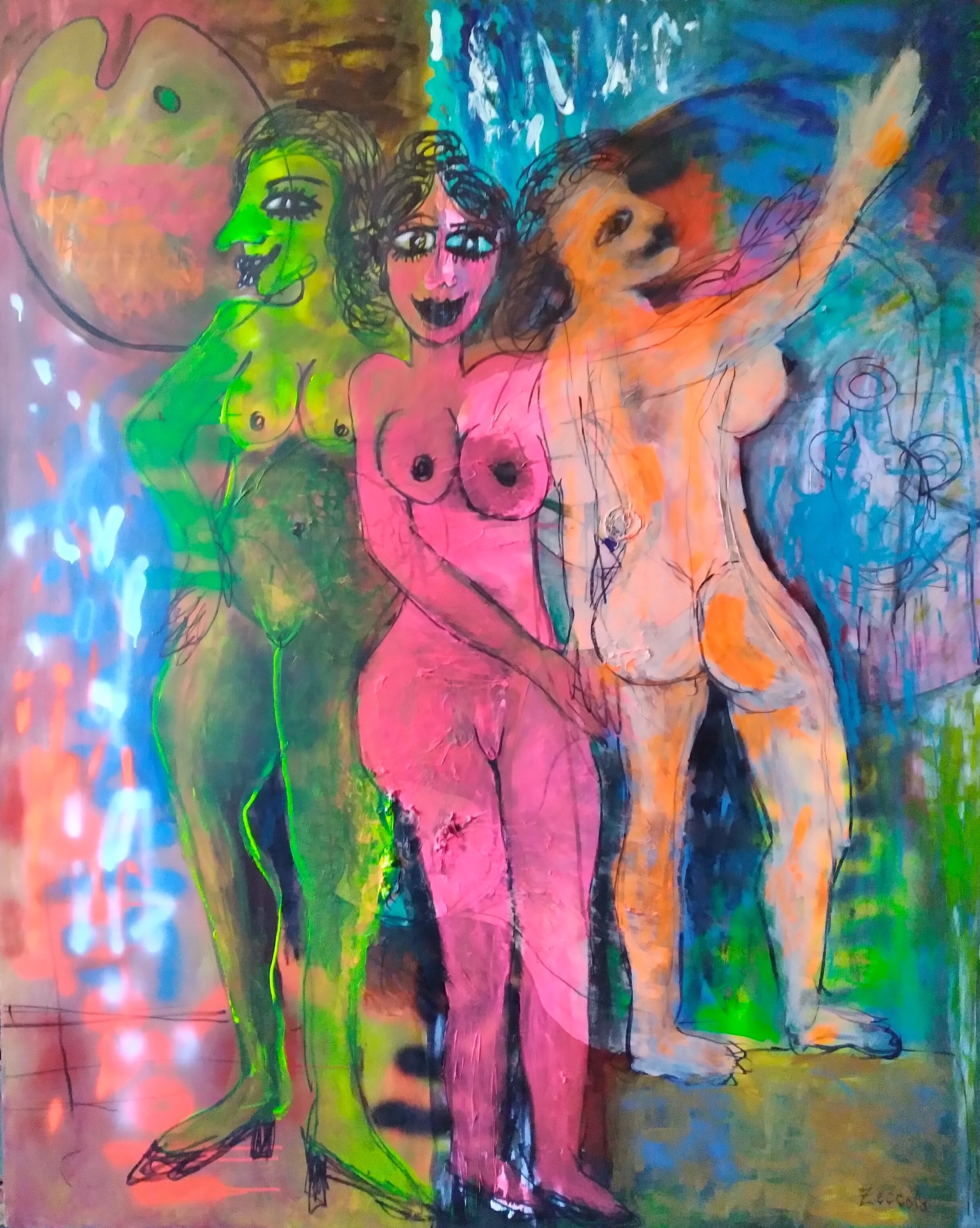 The Three Graces, 2004. Oil, acrylic, spray paint on canvas. 70" x 60".
