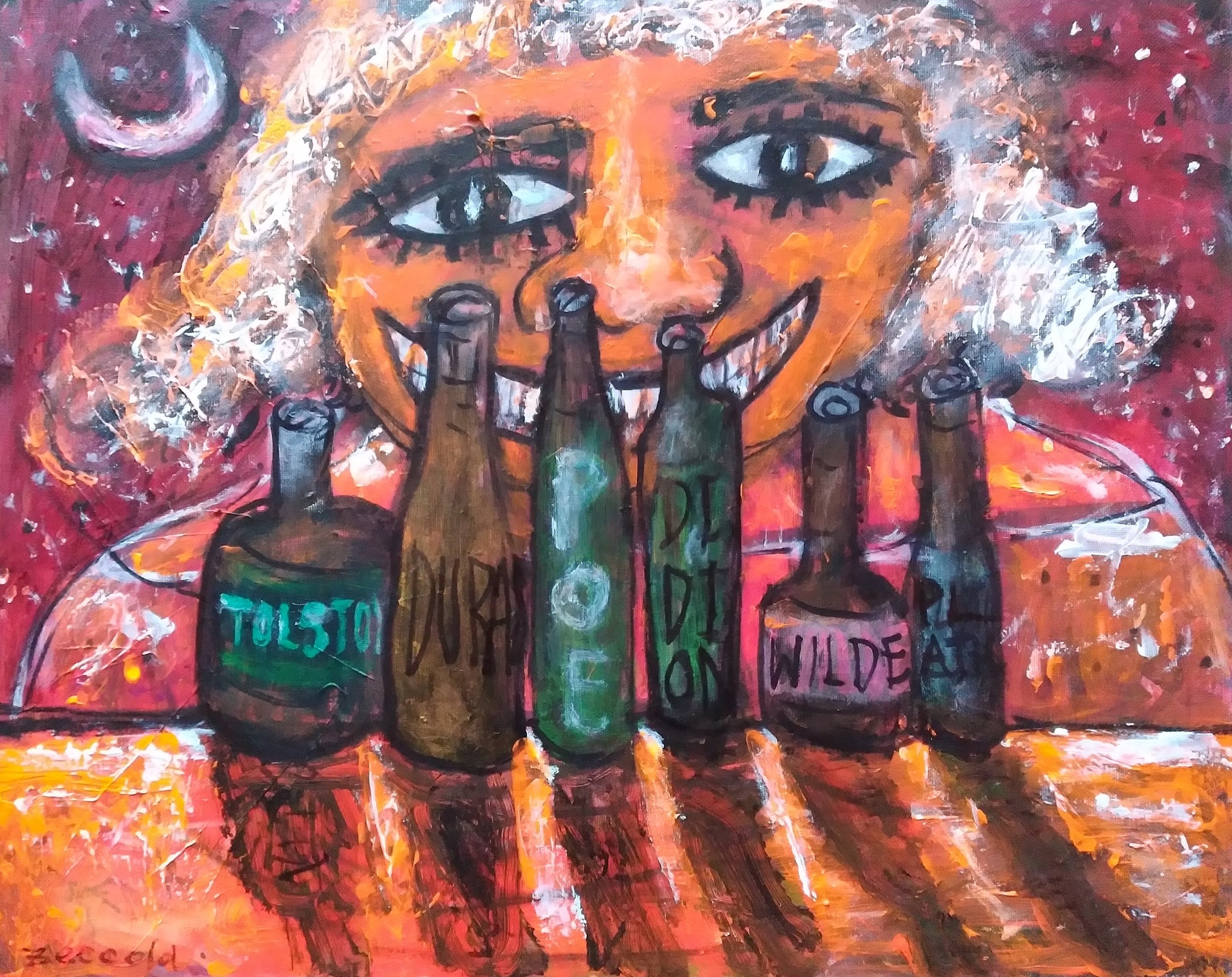 Message in a Bottle, 2019. Oil, acrylic, ink on canvas. 16” x 20”.
