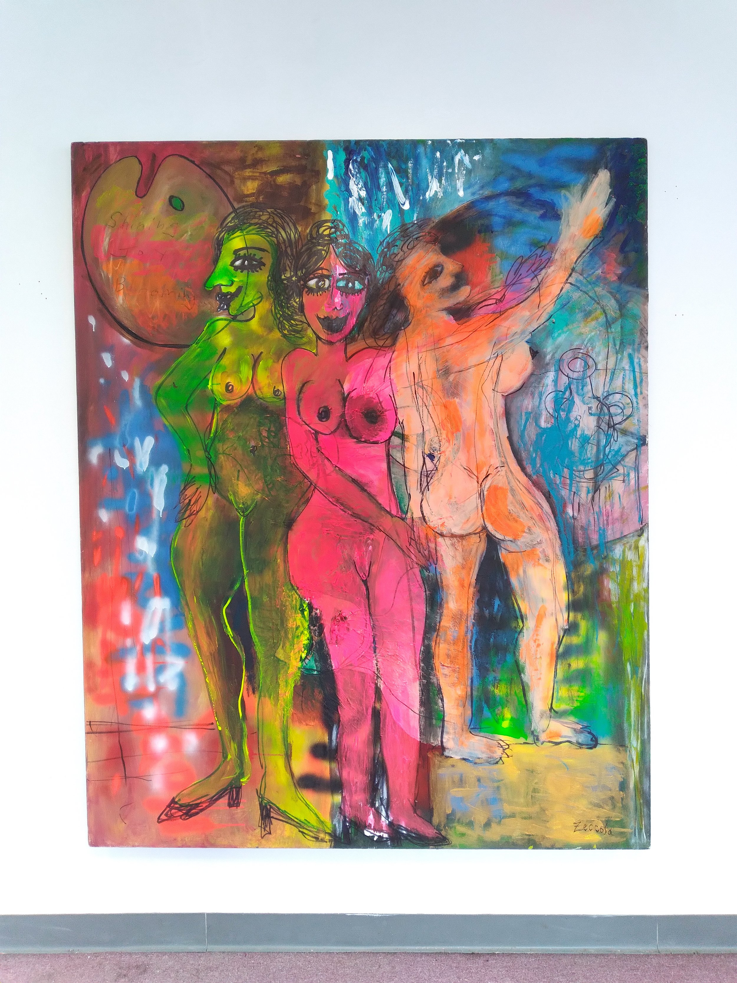 The Three Graces, 2004. Oil, acrylic, spray paint on canvas. 70” x 60”.