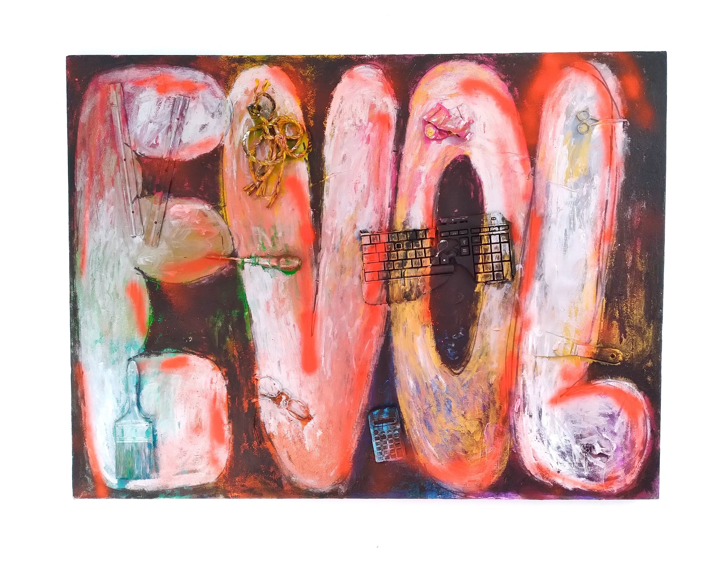 EVOL, 2014. Oil, acrylic, mixed media on canvas. 36” x 50”.