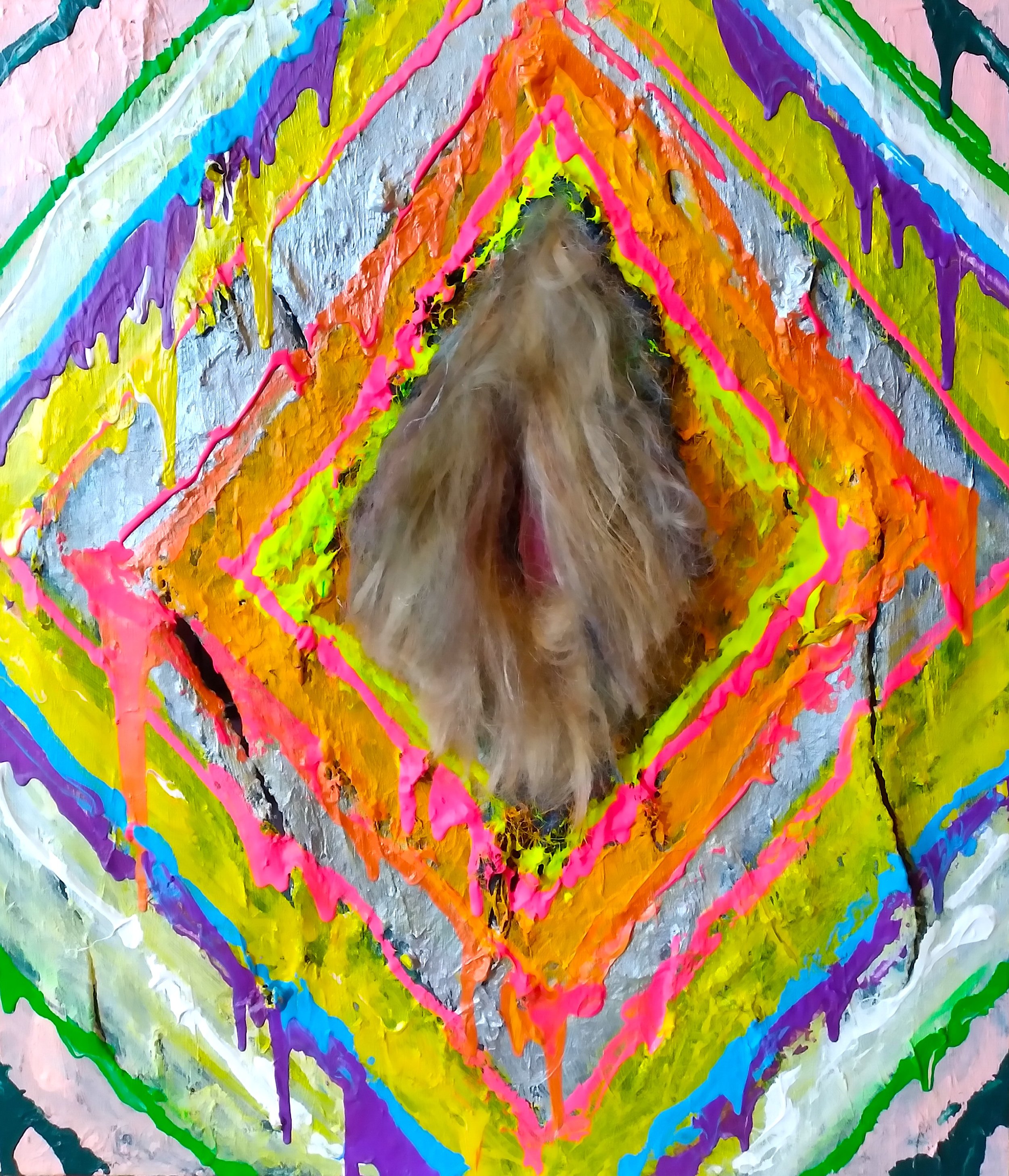 The Bermuda Triangle, 2021. Oil, acrylic, wig on canvas. 30” x 26”.
