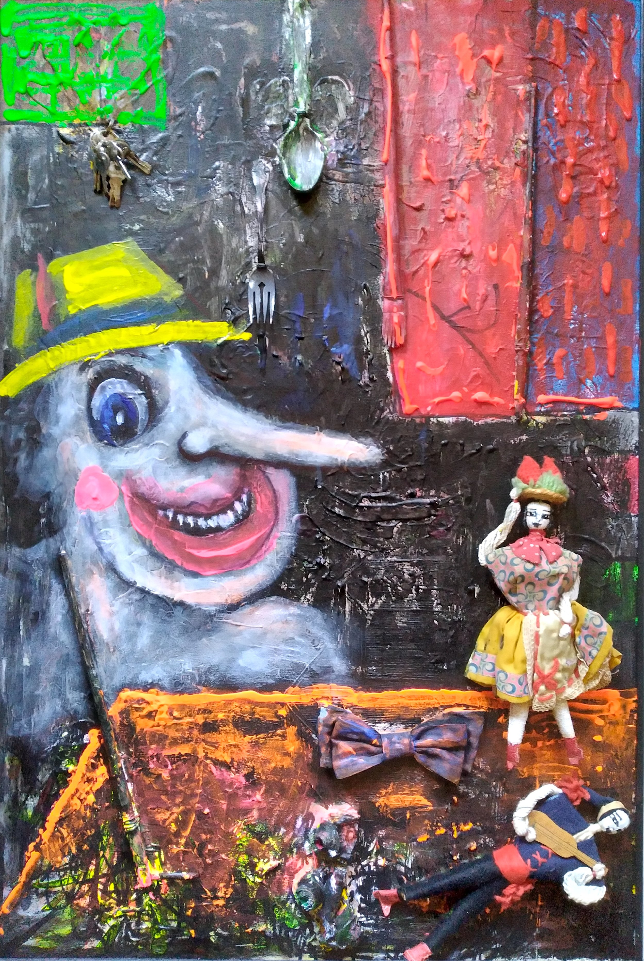 Pinocchio, 2021. Oil, acrylic, mixed media on canvas. 36” x 24”.