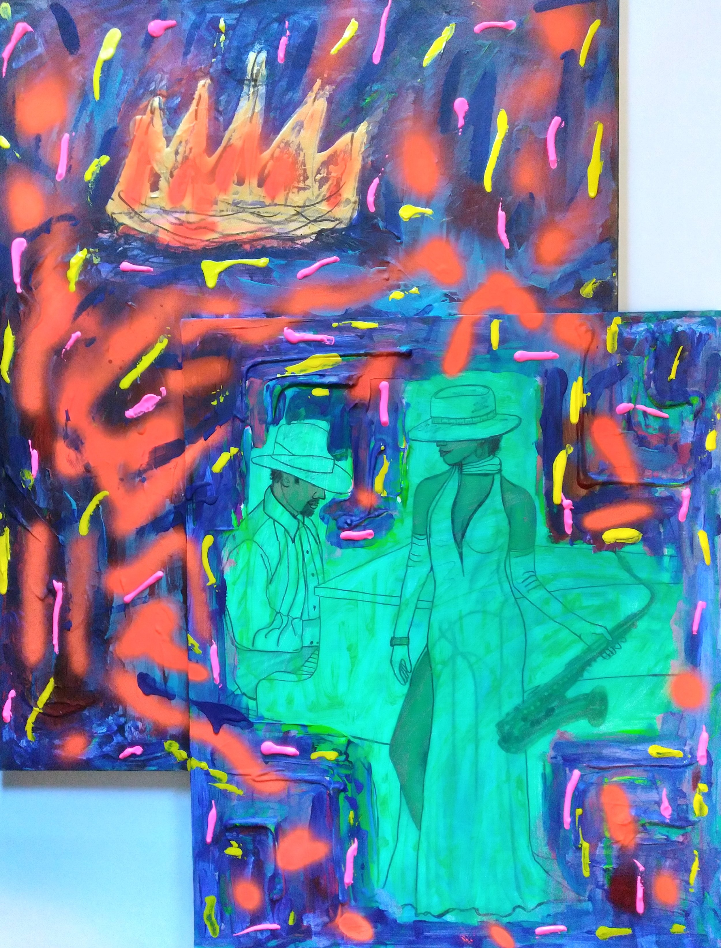 Body and Soul, 2022. Oil, acrylic, spray paint on canvas (Diptych). 40” x 30”.