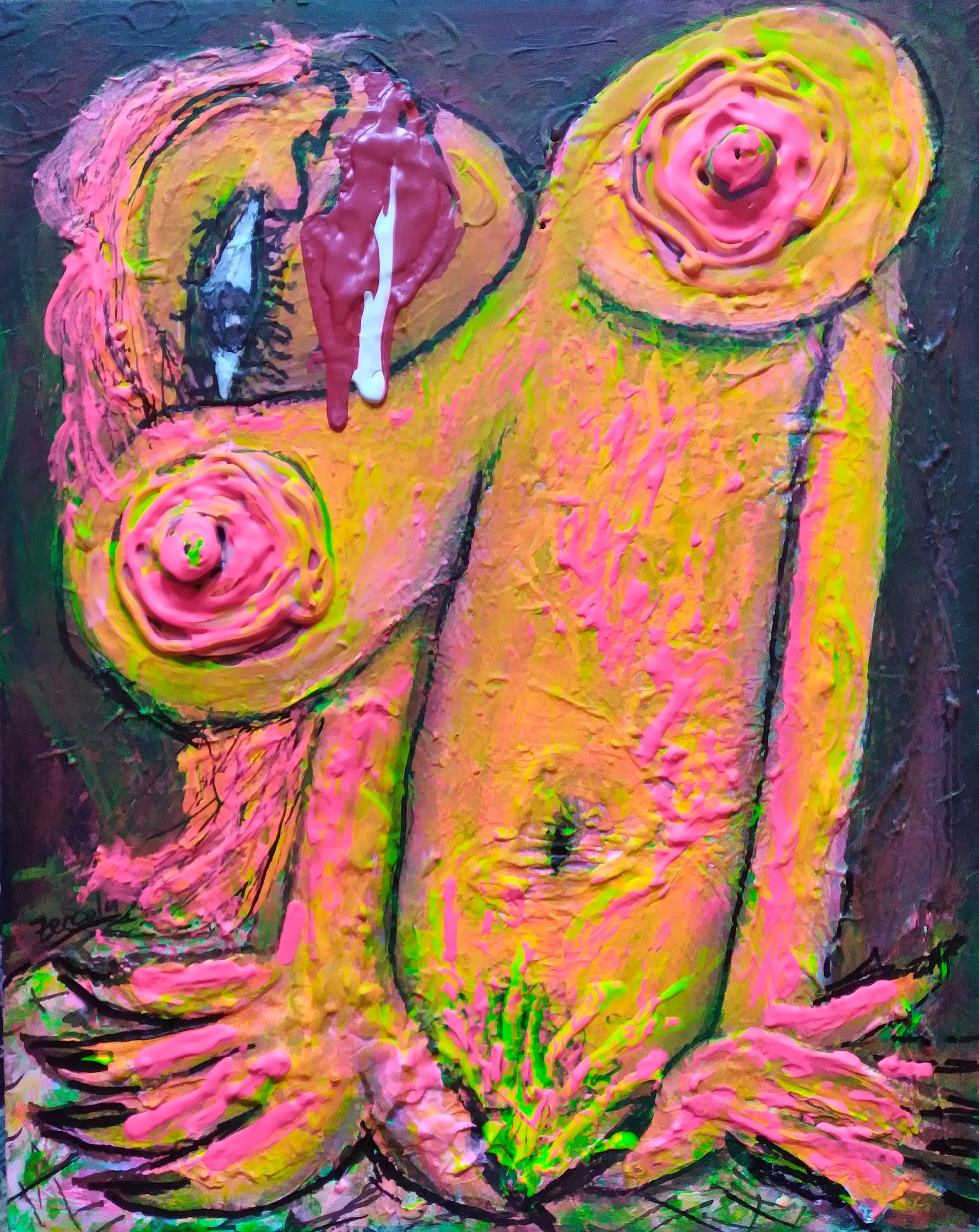 The Pink Panther, 2021. Oil, acrylic, glass beads on canvas. 20" x 16”.