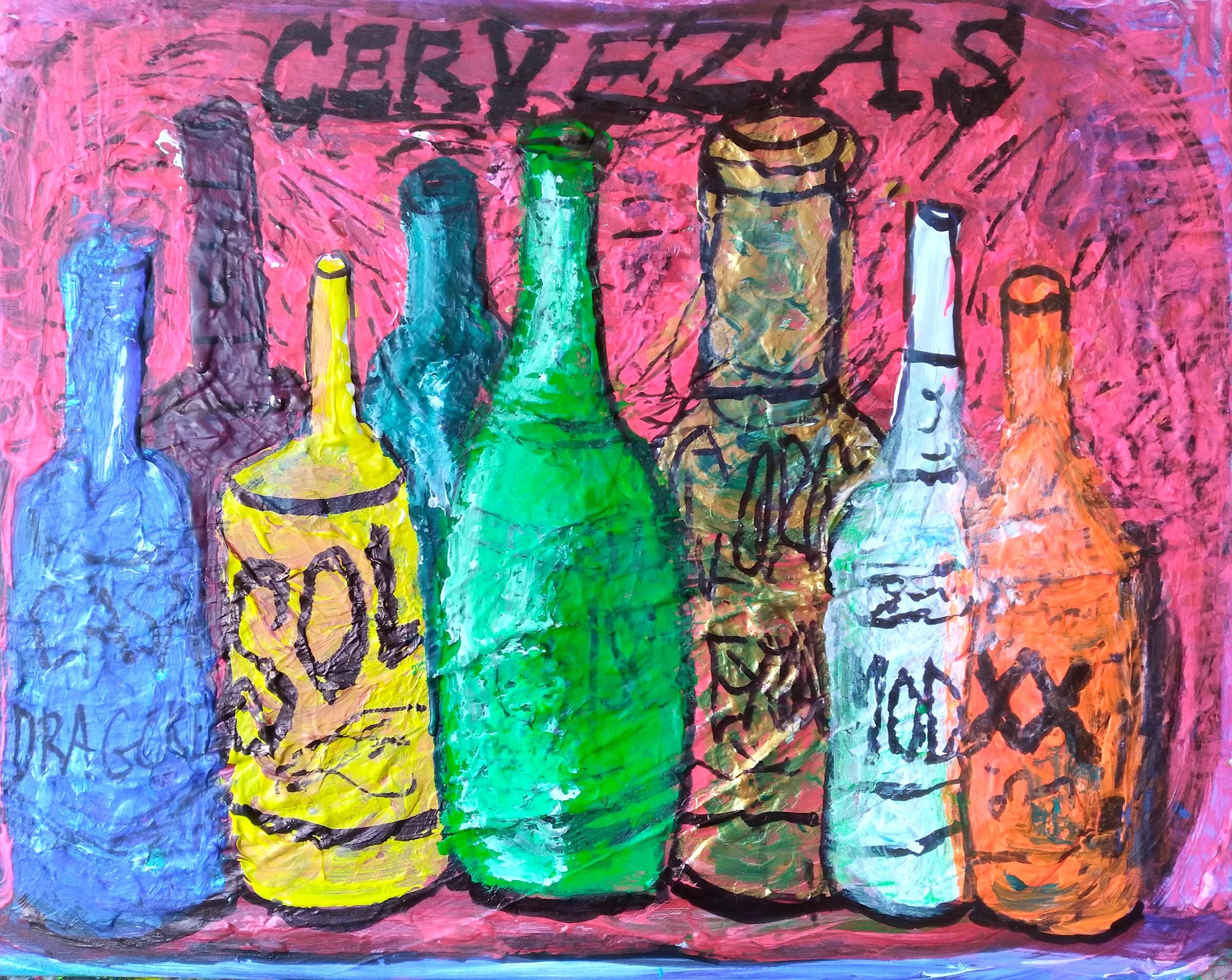 Eight Bottles of Beer on the Wall, 2009. Oil, acrylic on canvas. 16” x 20”.