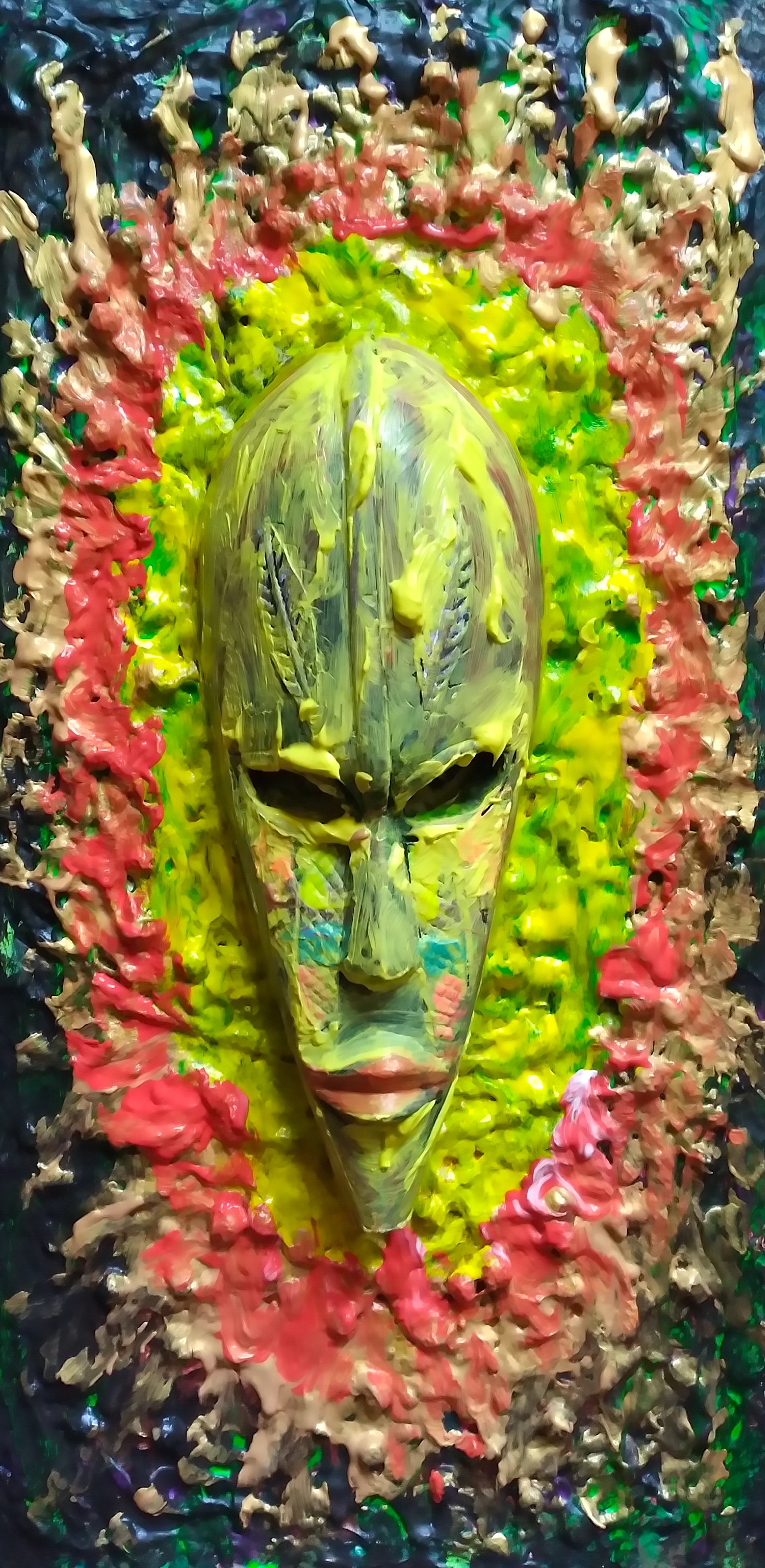 The Sun God, 2014. Oil, acrylic, mask on canvas. 24” x 12”.