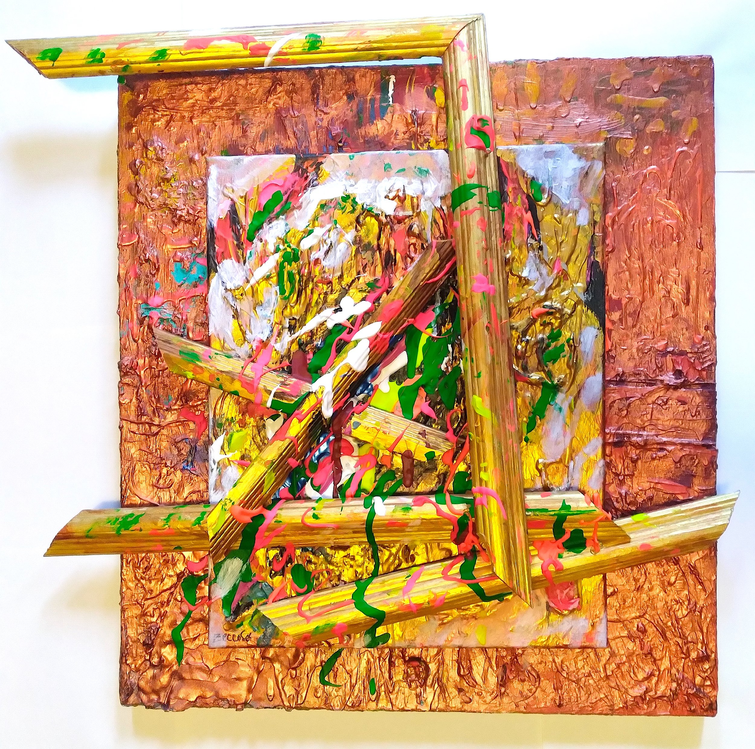 Ruins, 2024. Oil, acrylic, frames on canvas. 28” x 26”.