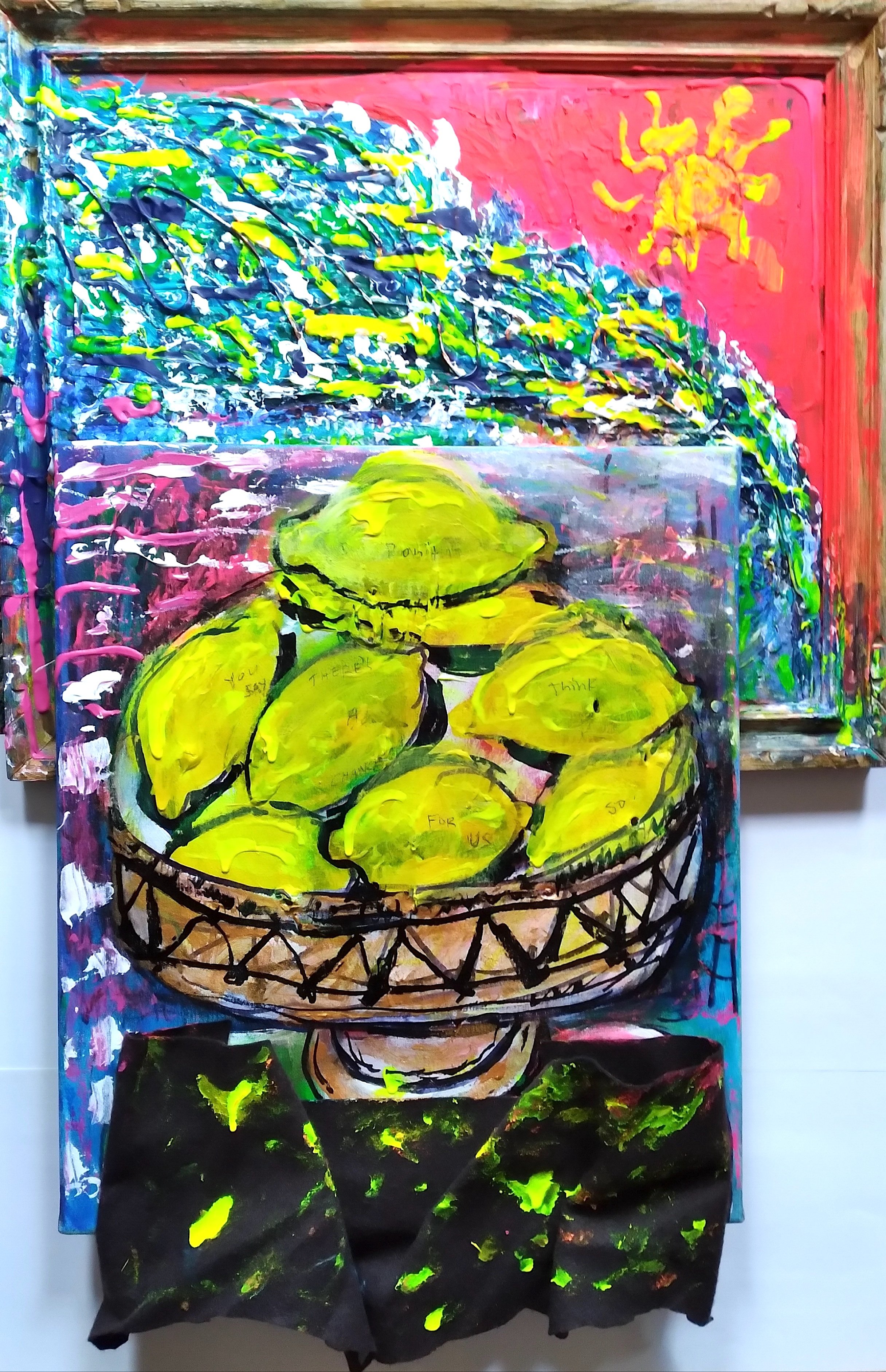 Bitter Lemons, 2016. Oil, acrylic, felt on canvas. 42” x 28”.
