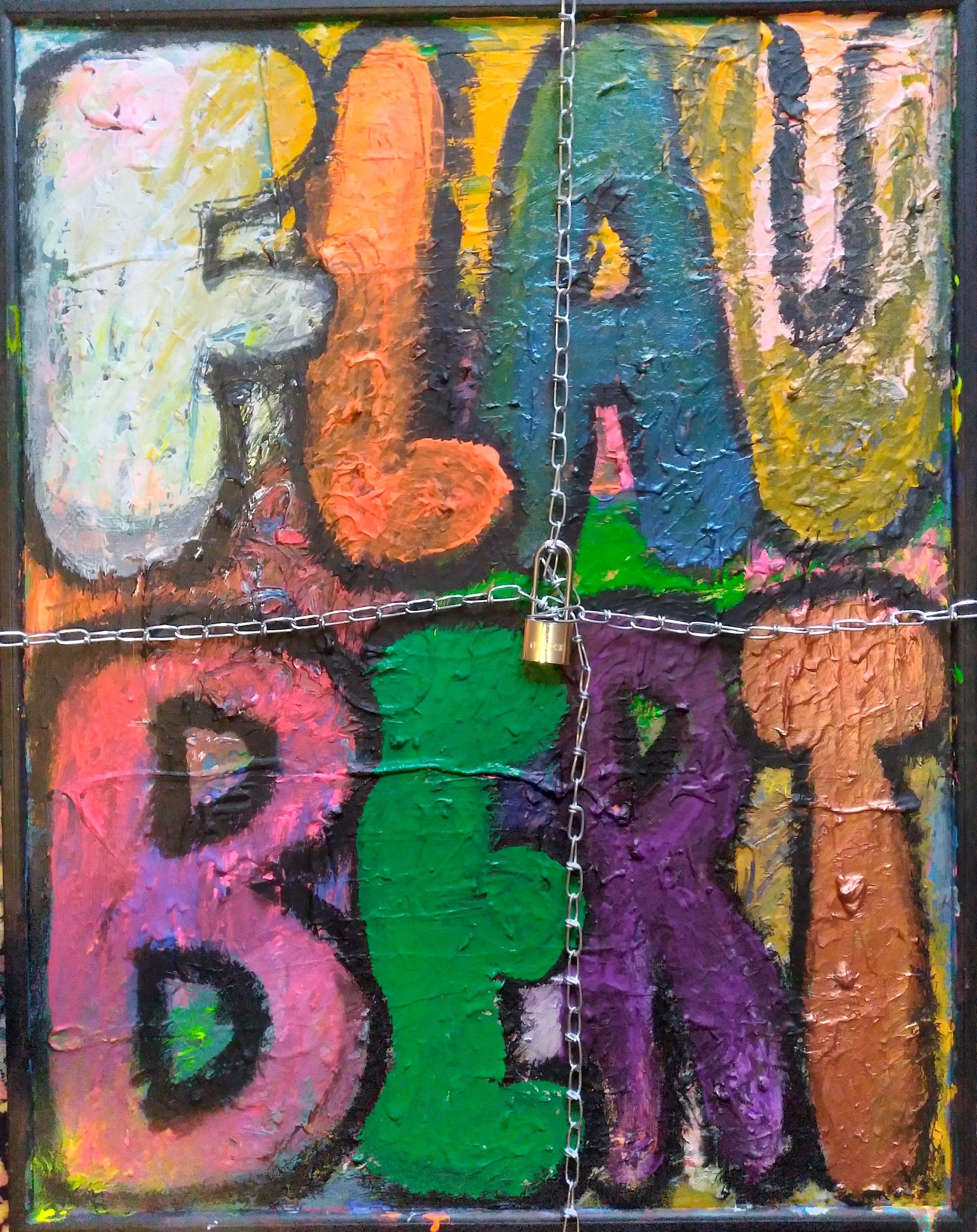 Flaubert, 2019. Oil, acrylic, chain, lock on canvas. 38” x 28".