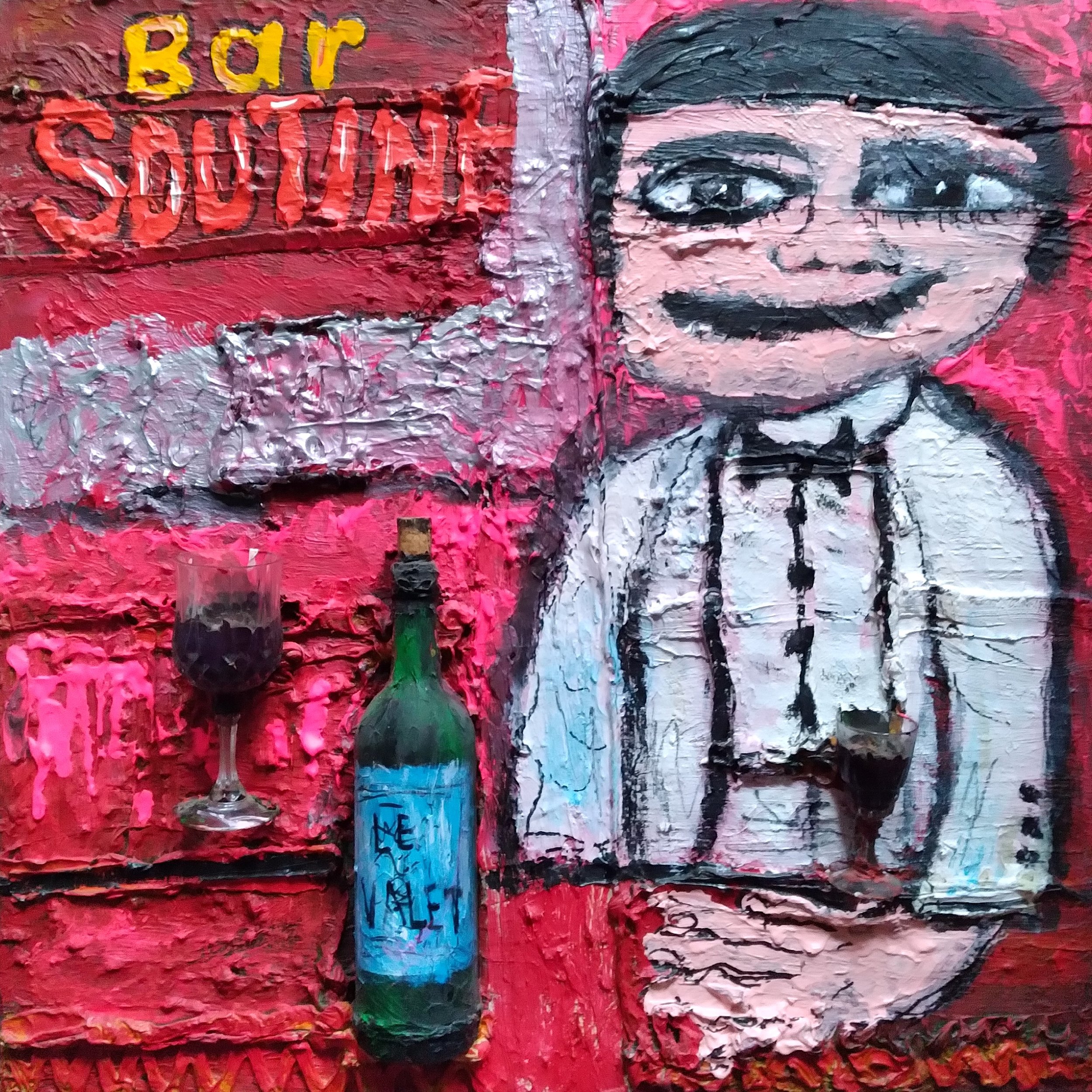 The Bartender, 2003. Oil, acrylic, wine bottle, glasses on canvas. 30" x 28".