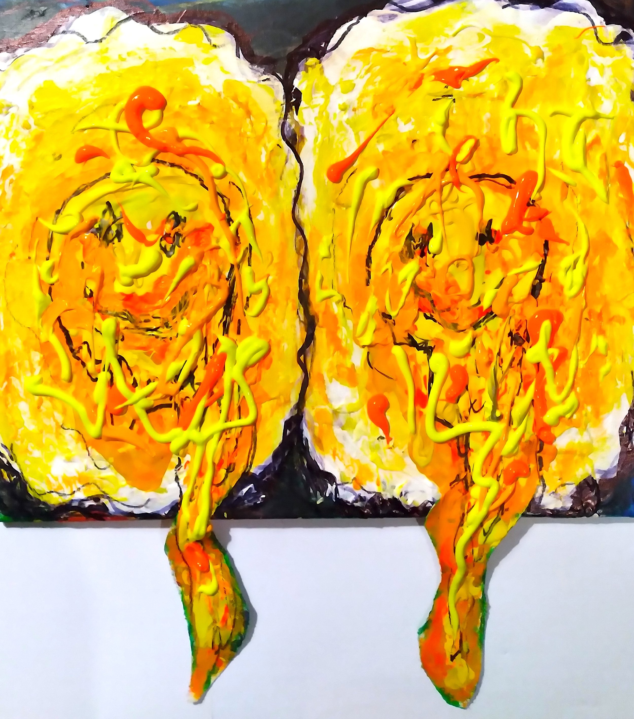 Over Easy Eggs, 2014. Oil, acrylic on canvas. 16” x 20”.
