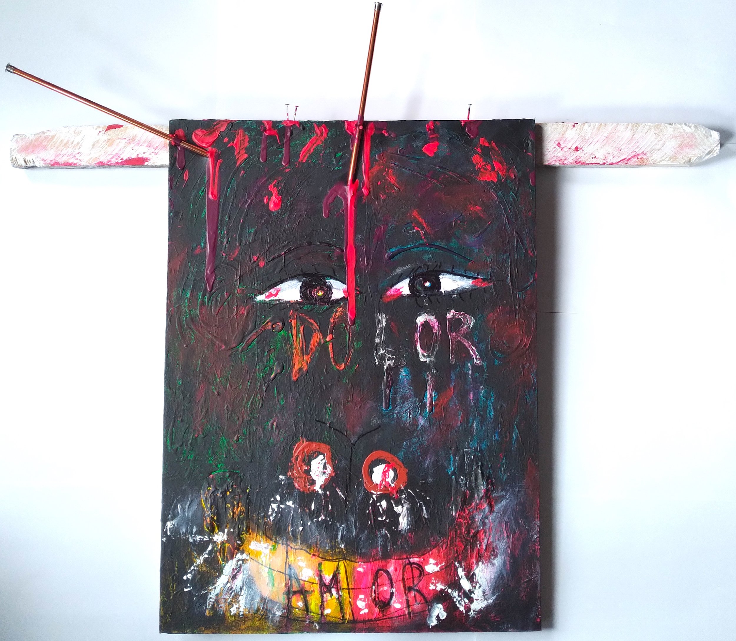 Raging Bull, 2014. Oil, acrylic, wood on canvas. 32” x 42”.