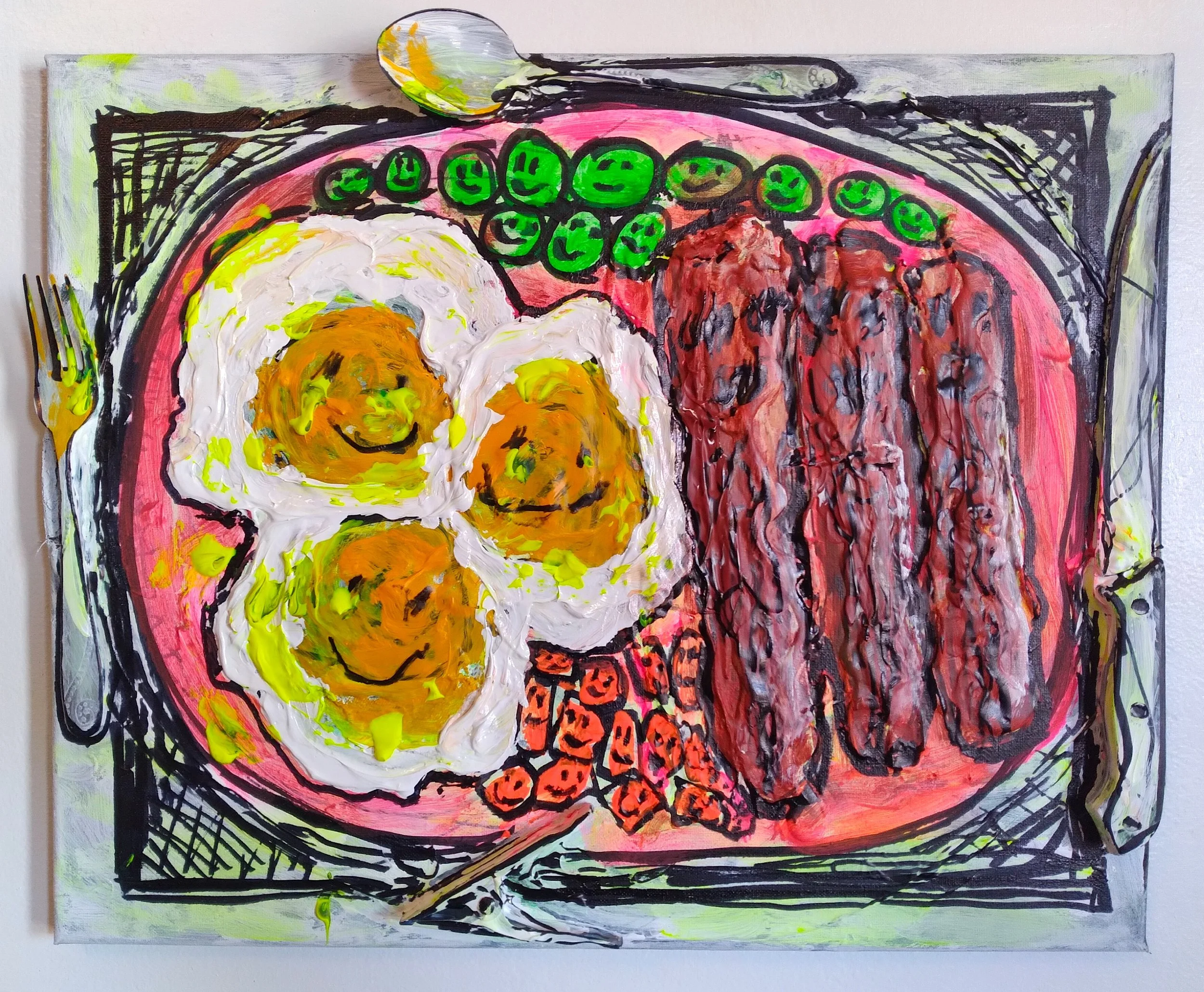 Bacon and Eggs, 2024. Oil, acrylic, silverware on canvas. 16” x 20”.