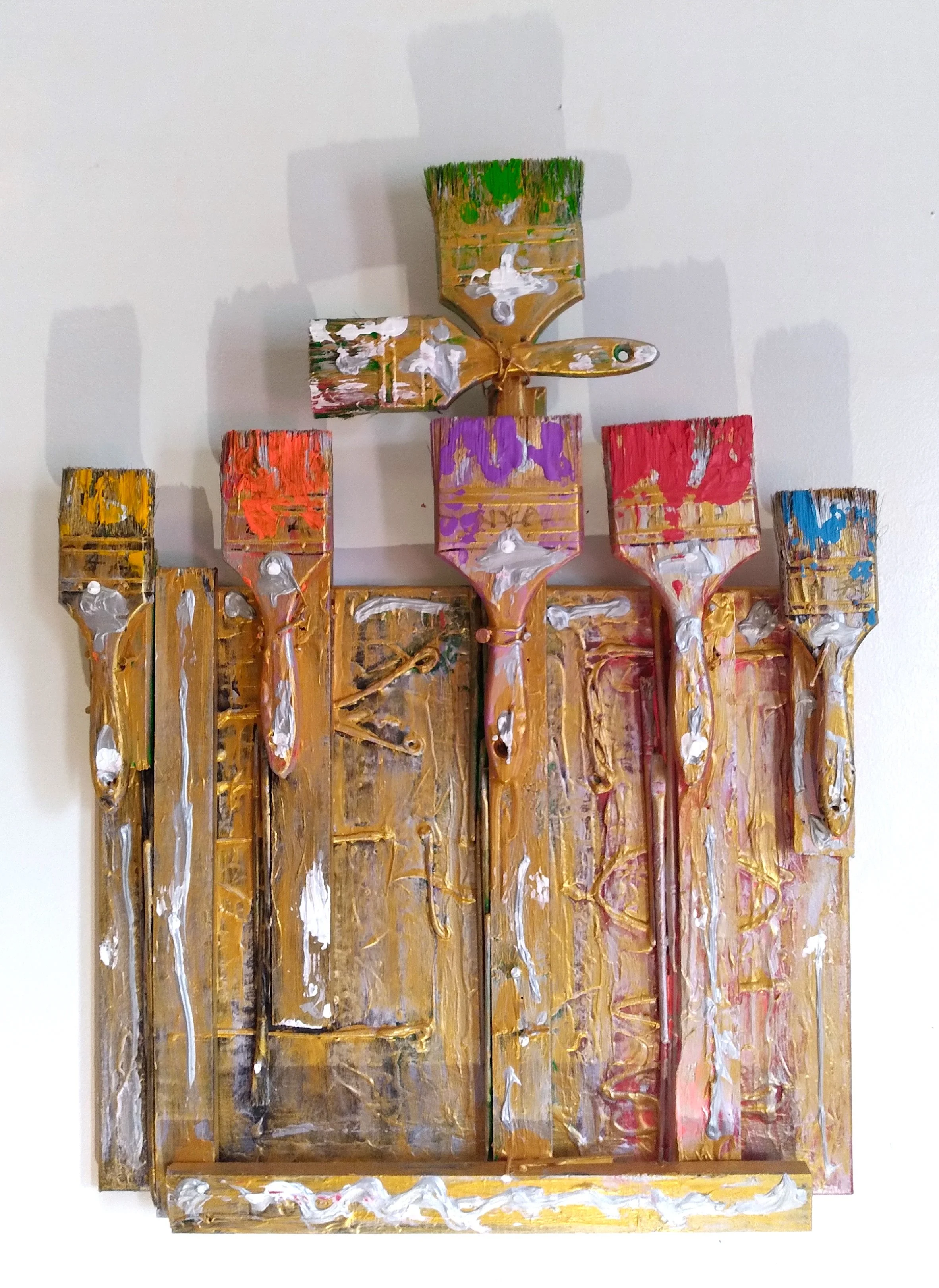 Crown of Brushes, 2008. Oil, acrylic, brushes, wood on canvas. 28” x 22”.