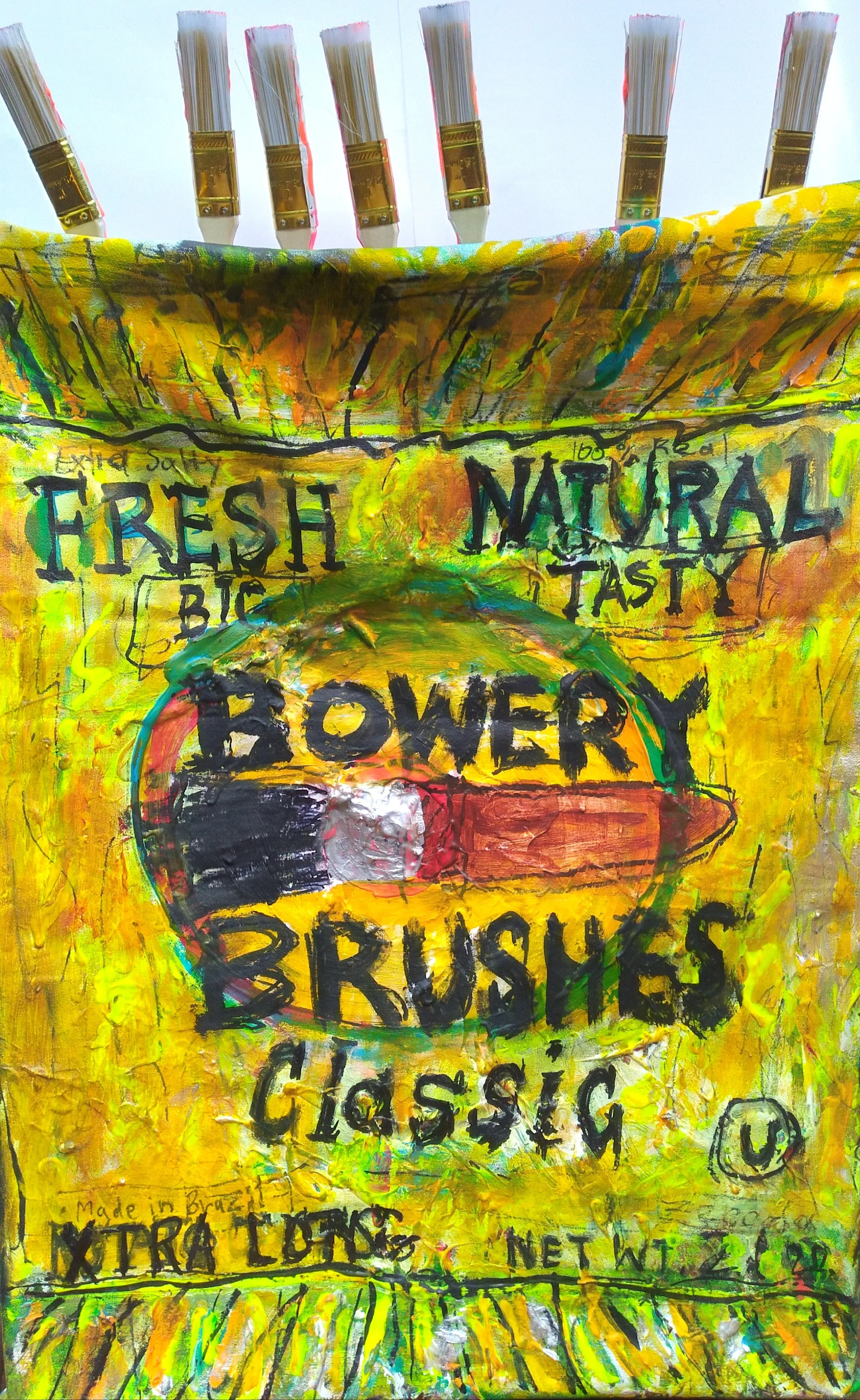 Bag of Brushes, 2020. Oil, acrylic, brushes on canvas. 28” x 22”.