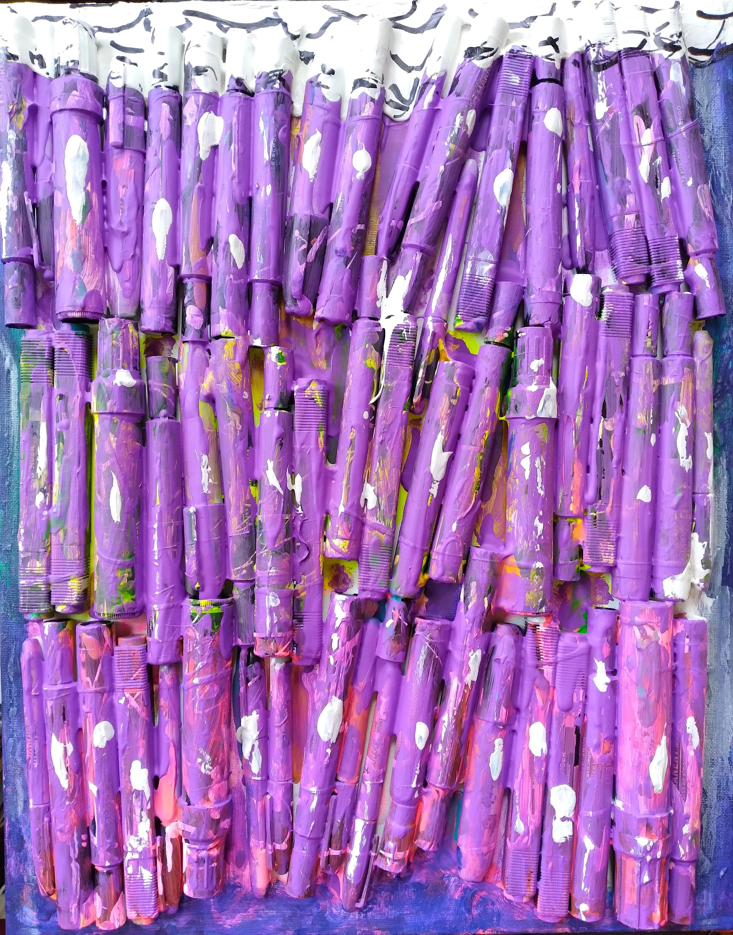 Purple Rain, 2024. Oil, acrylic, markers on canvas. 20” x 16”.