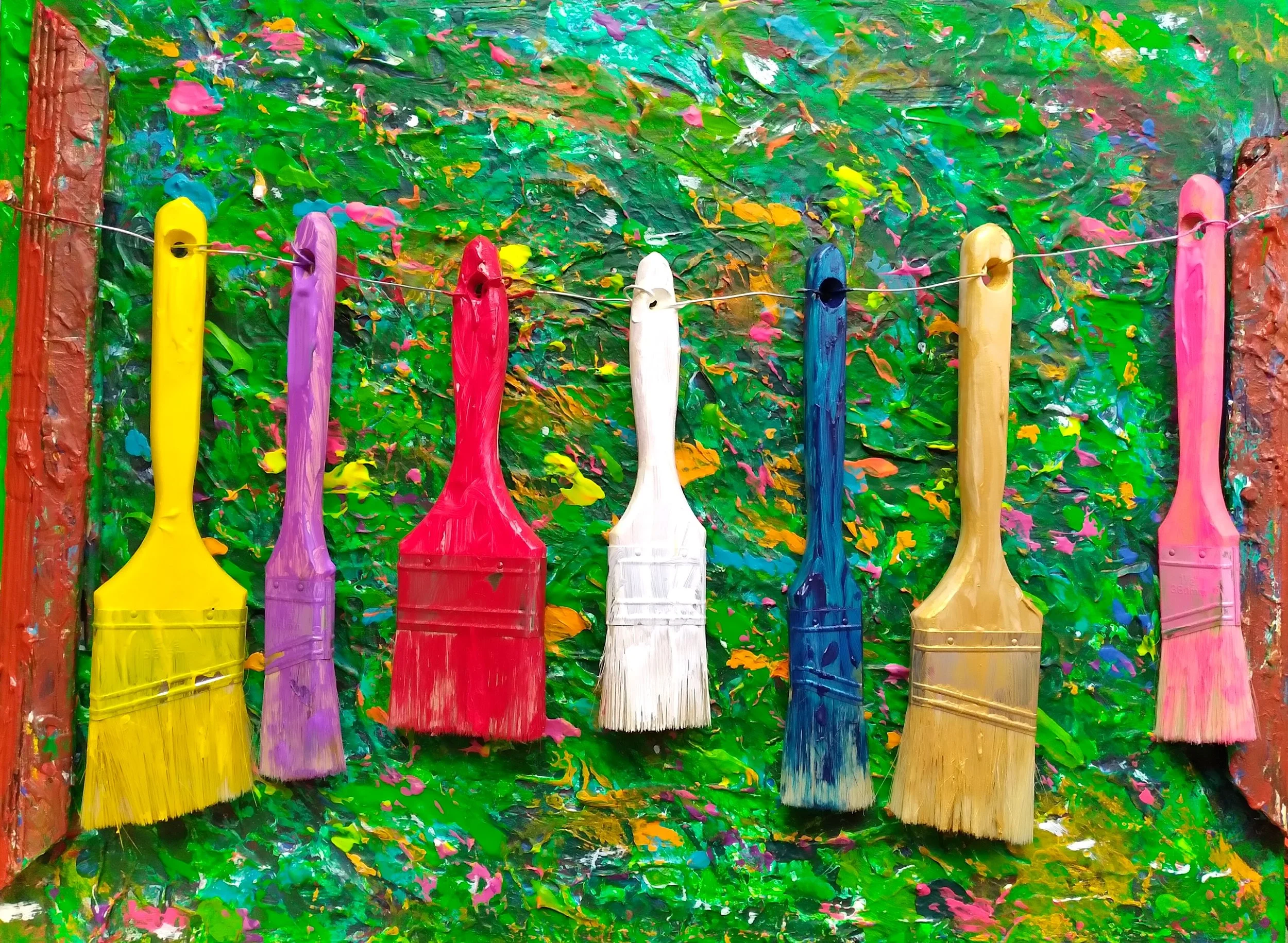 Dirty Laundry, 2014. Oil, acrylic, brushes, wire, wood on canvas. 18” x 24”.