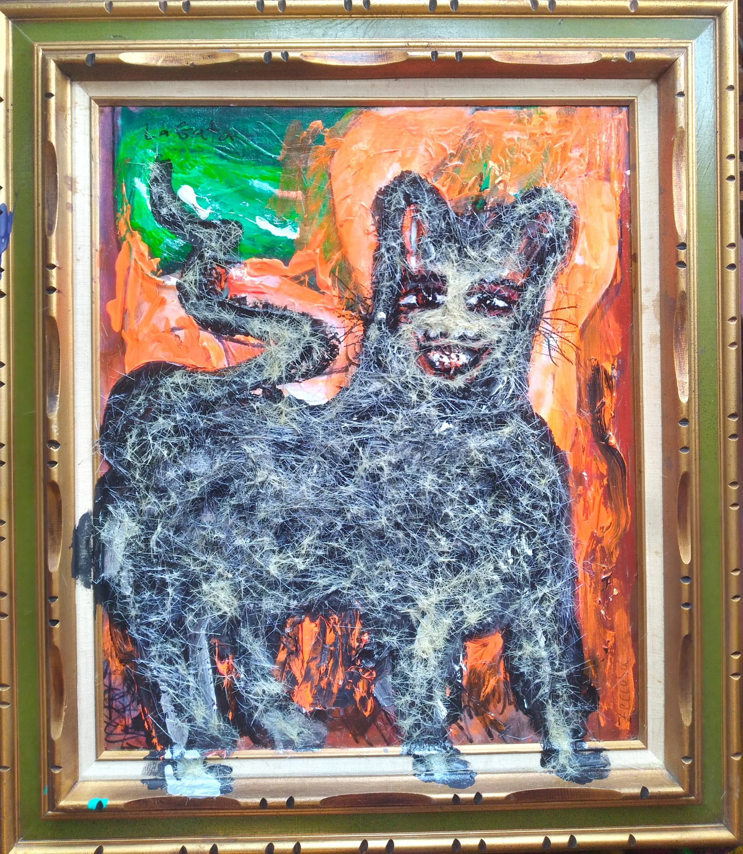 Cat, 2021. Oil, acrylic, brush bristles on canvas. 24” x 20”.