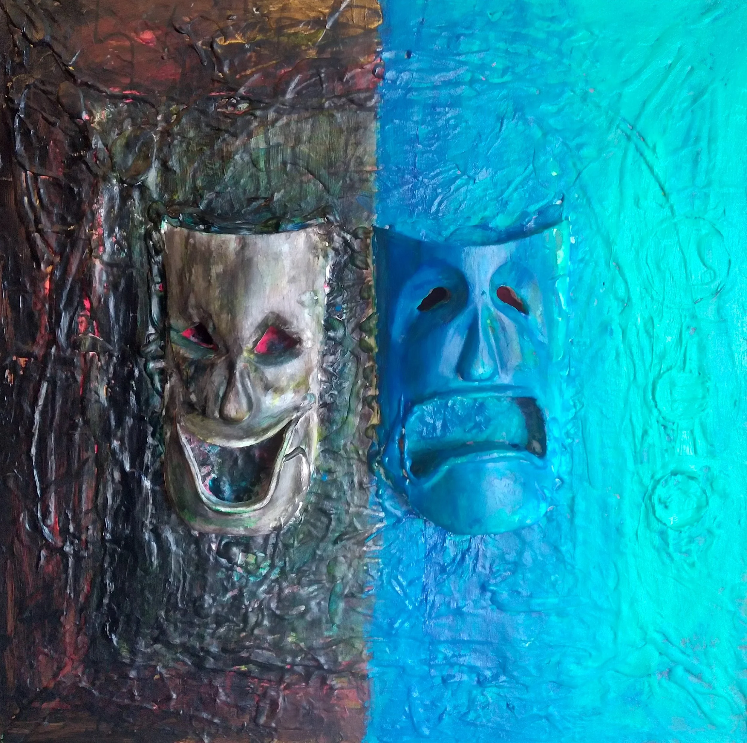 Black and Blue, 2019. Oil, acrylic, wooden masks on canvas. 24” x 20”.