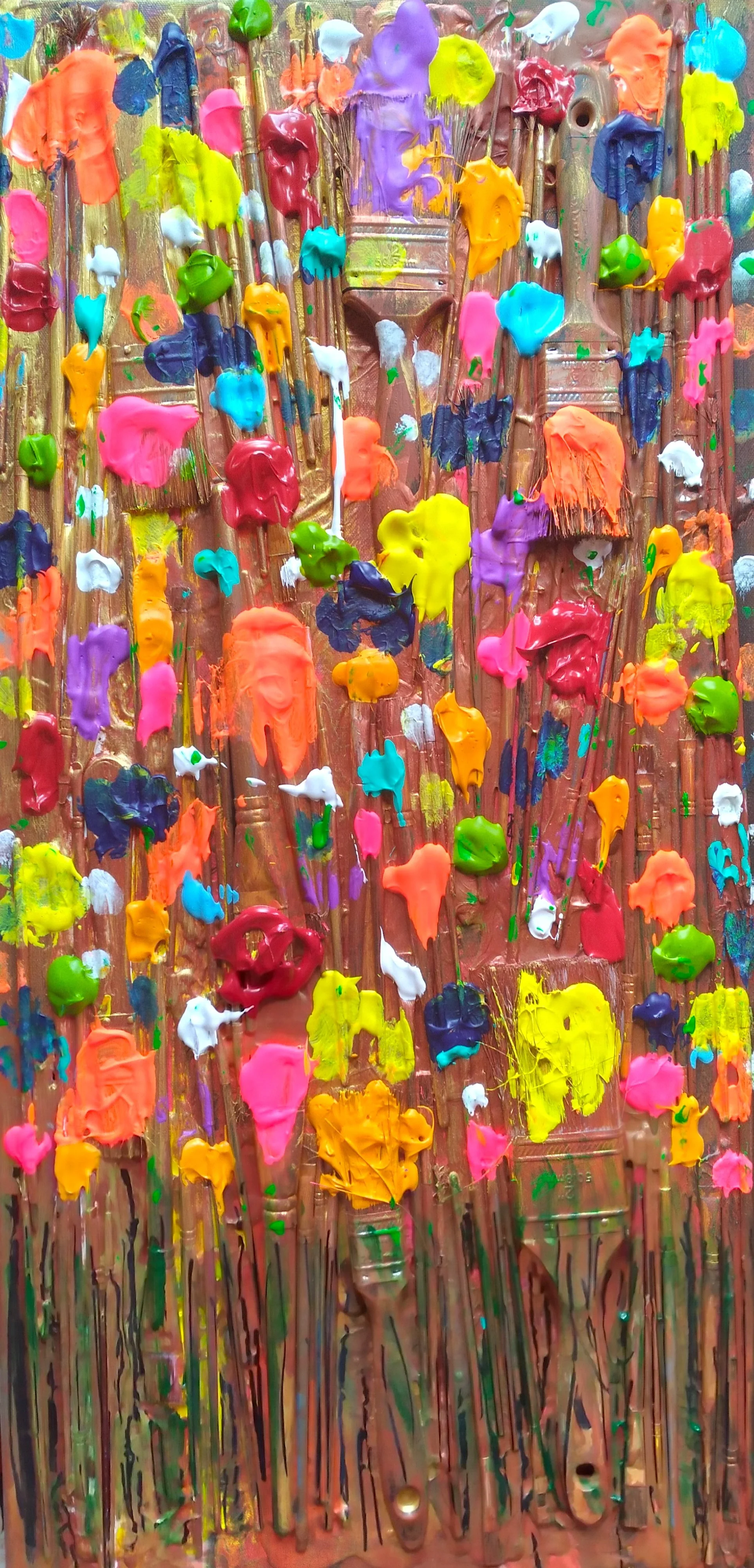 Flower Garden, 2009. Oil, acrylic, brushes on canvas. 26” x 14”.